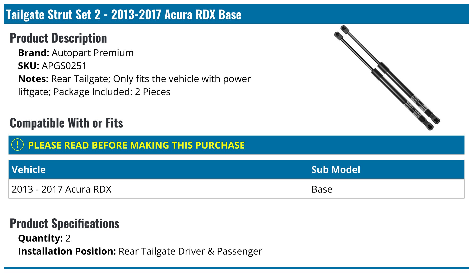 Autobasicparts Liftgate Struts For 2007-2012 Acura RDX – Rear Hatch Shocks – Pair
