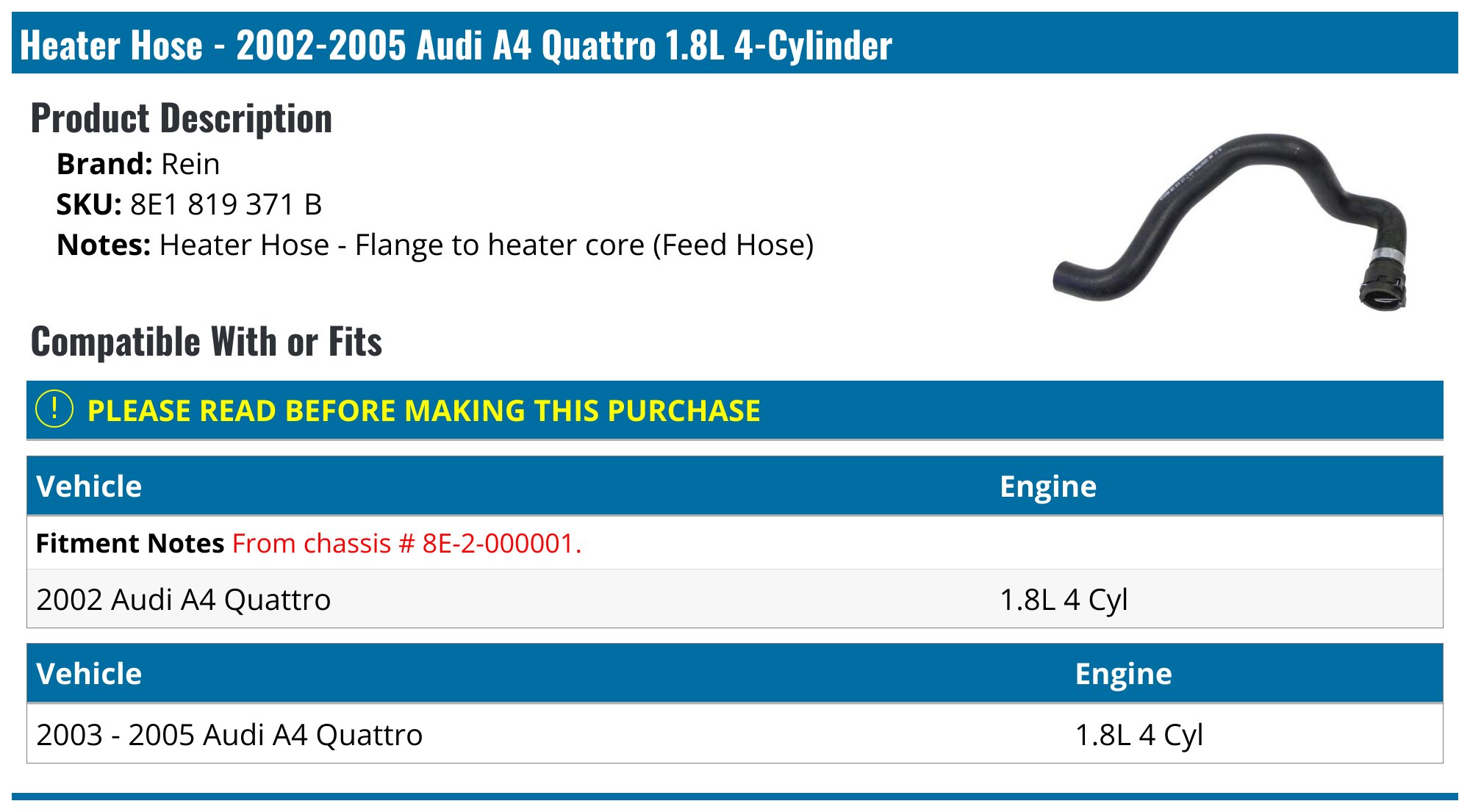 Genuine OEM Audi Heater Hose – 8E1-819-371-T – A4 Quattro HVAC Supply Hose (2004-2009)