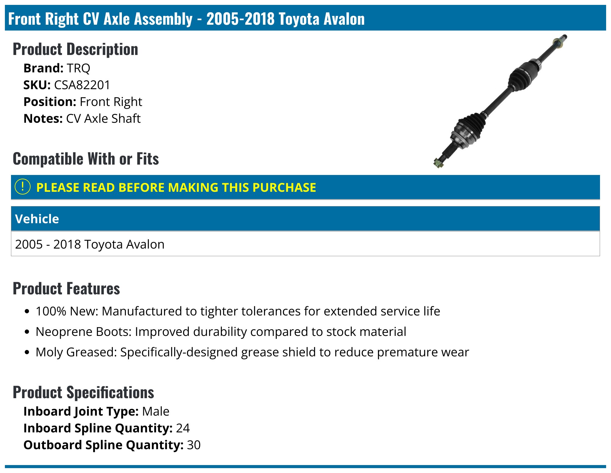 Display Assembly Avalon Color Code 2013-2018 Toyota Avalon Axle Assembly - TRQ CSA82201 - Front Right ...