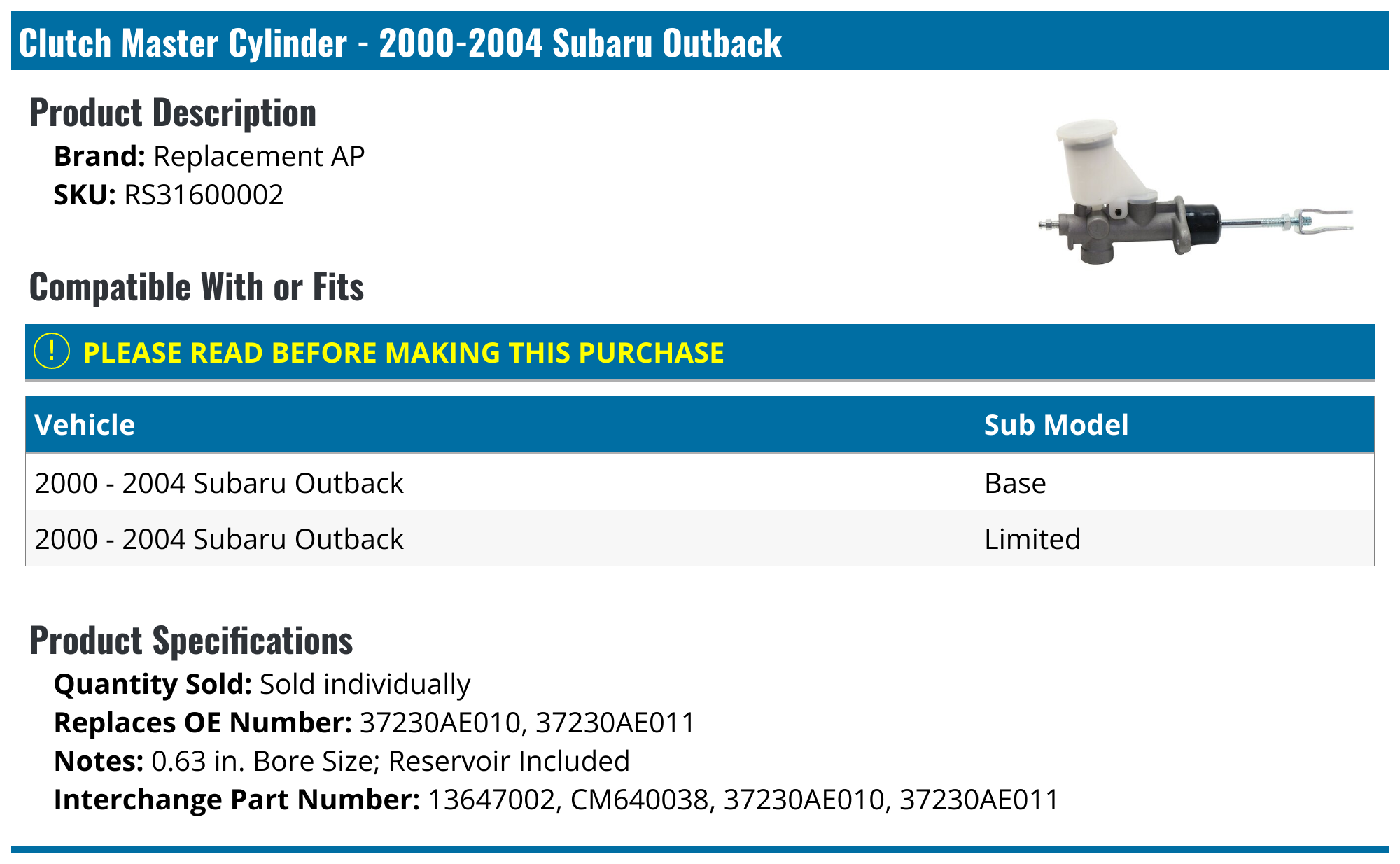 20002004 Subaru Outback Clutch Master Cylinder Replacement AP