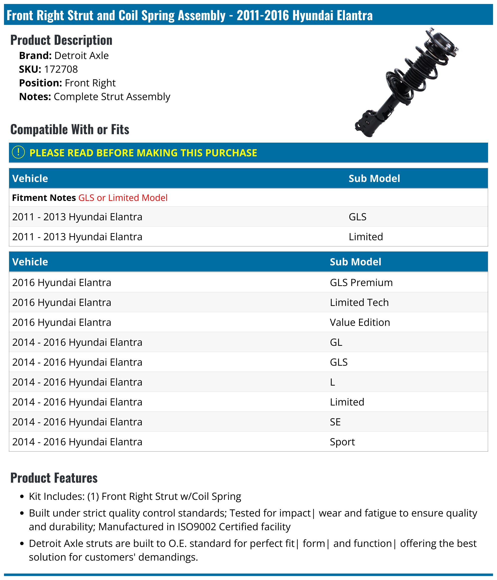 2011-2016 Hyundai Elantra Strut Assembly - Detroit Axle 172708 - Front ...