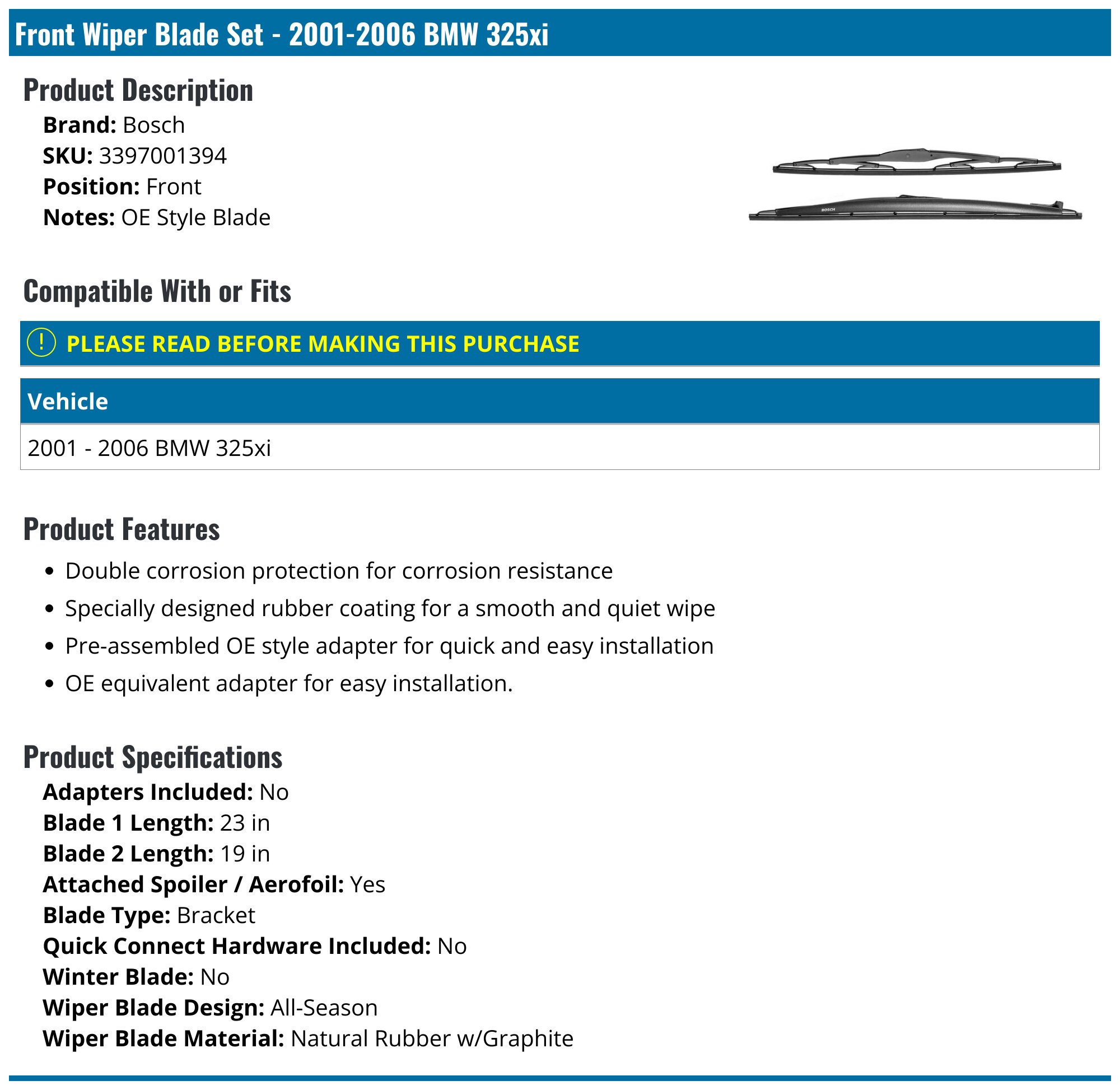 Front Windshield Wiper Blades For BMW 325i/330i/X3 (2001-2010) - 20" & 22" Pair