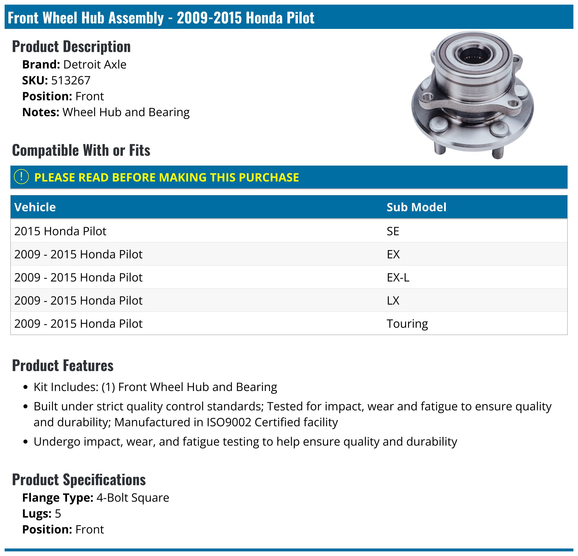 2009-2015 Honda Pilot Wheel Hub Assembly - Detroit Axle 513267 - Front ...