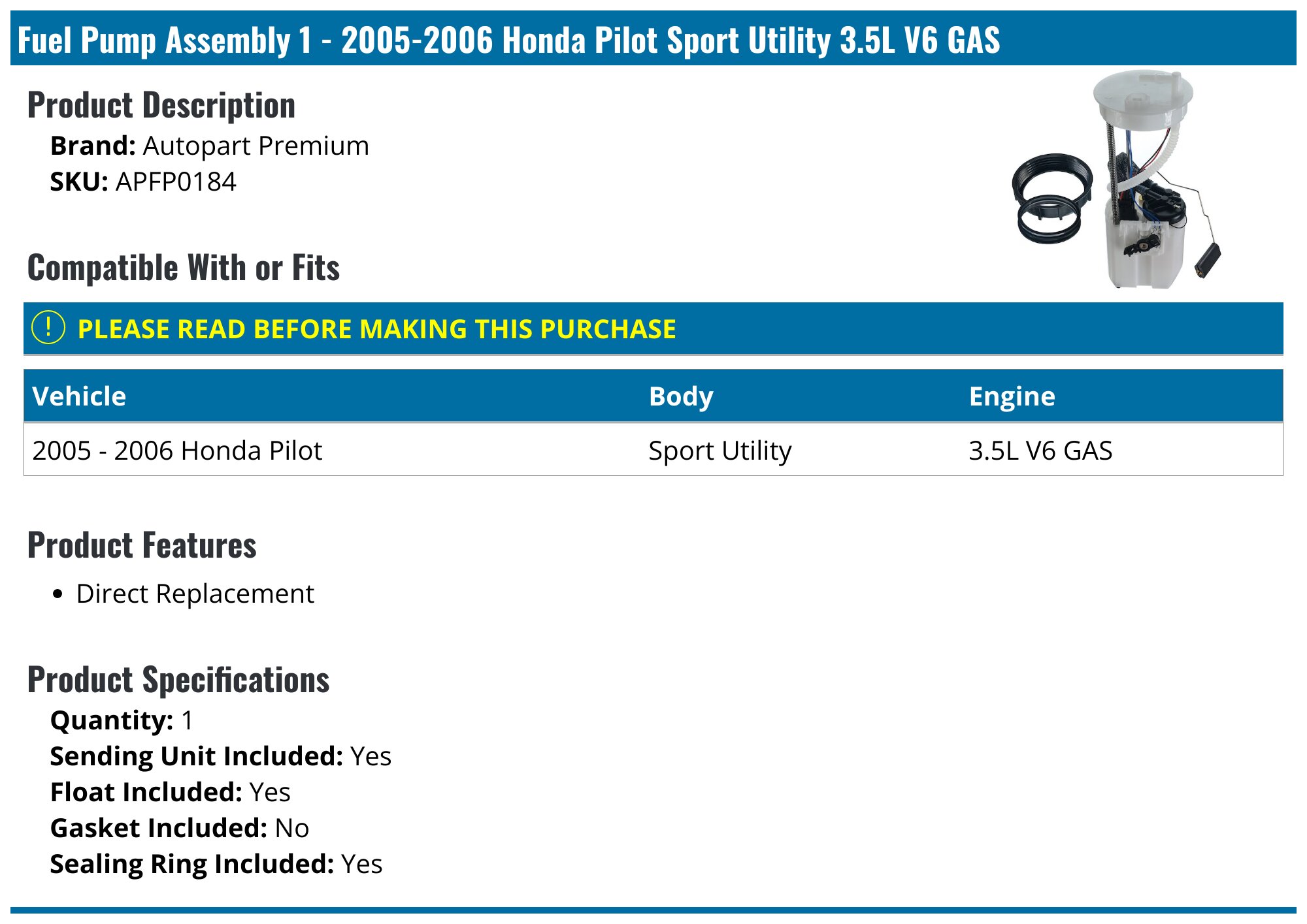 20052006 Honda Pilot Fuel Pump Autopart Premium APFP0184
