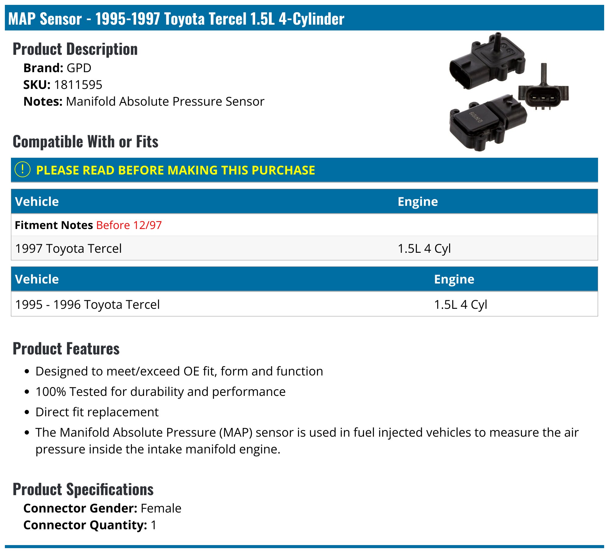 1995-1997 Toyota Tercel MAP Sensor - GPD 1811595 - PartsGeek.com