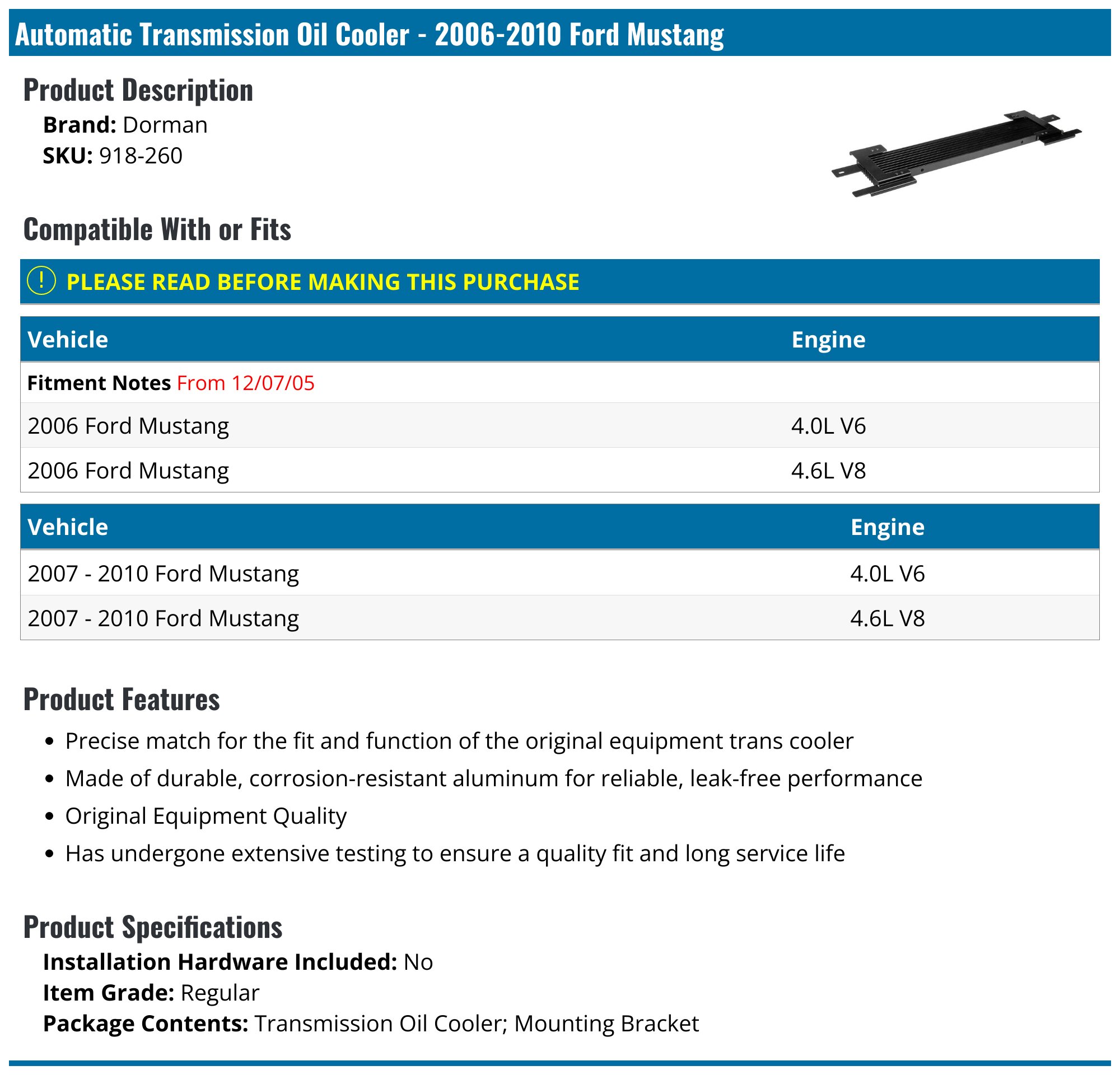 918-260 - Transmission Oil Cooler 2006-2010 Ford Mustang | Parts