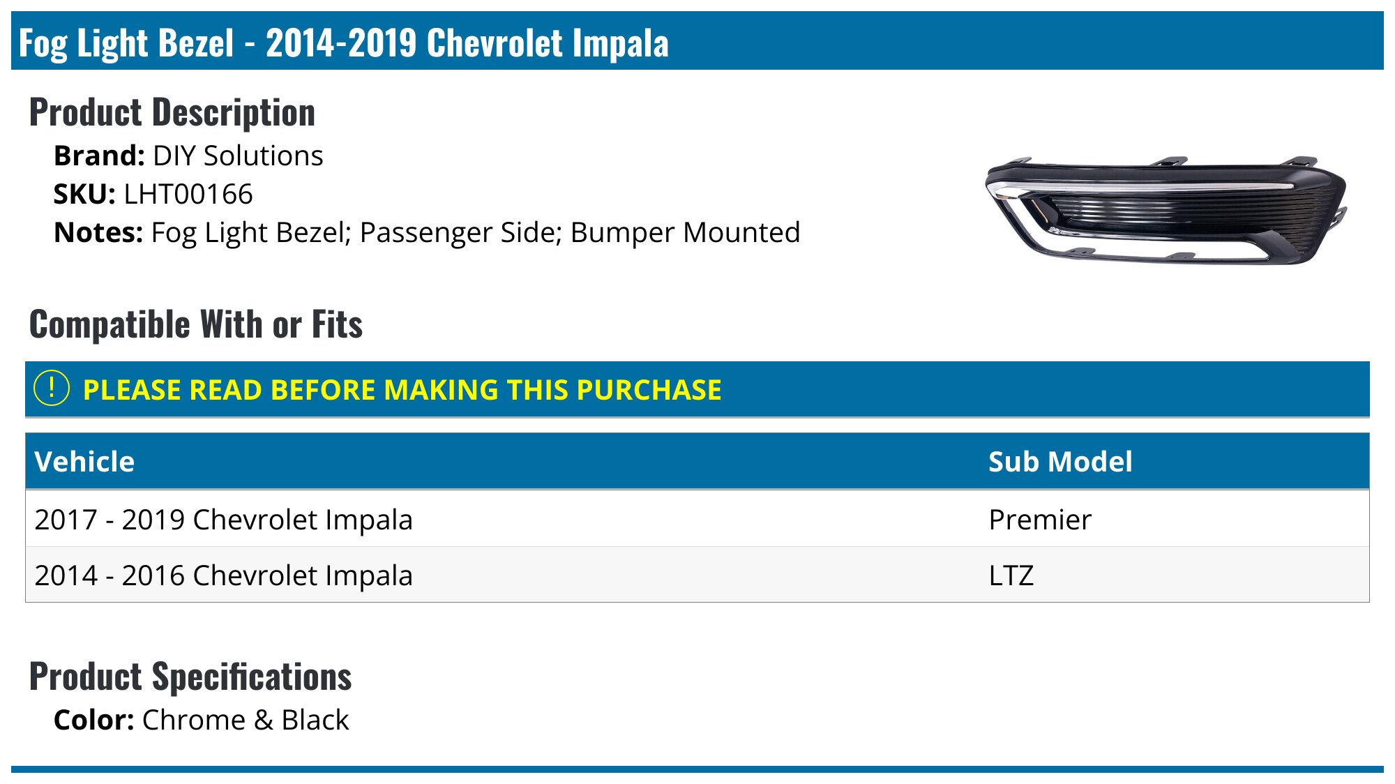 AM Autoparts Fog Light Bezel Set - Chrome & Black For 2014-2019 Chevy Impala