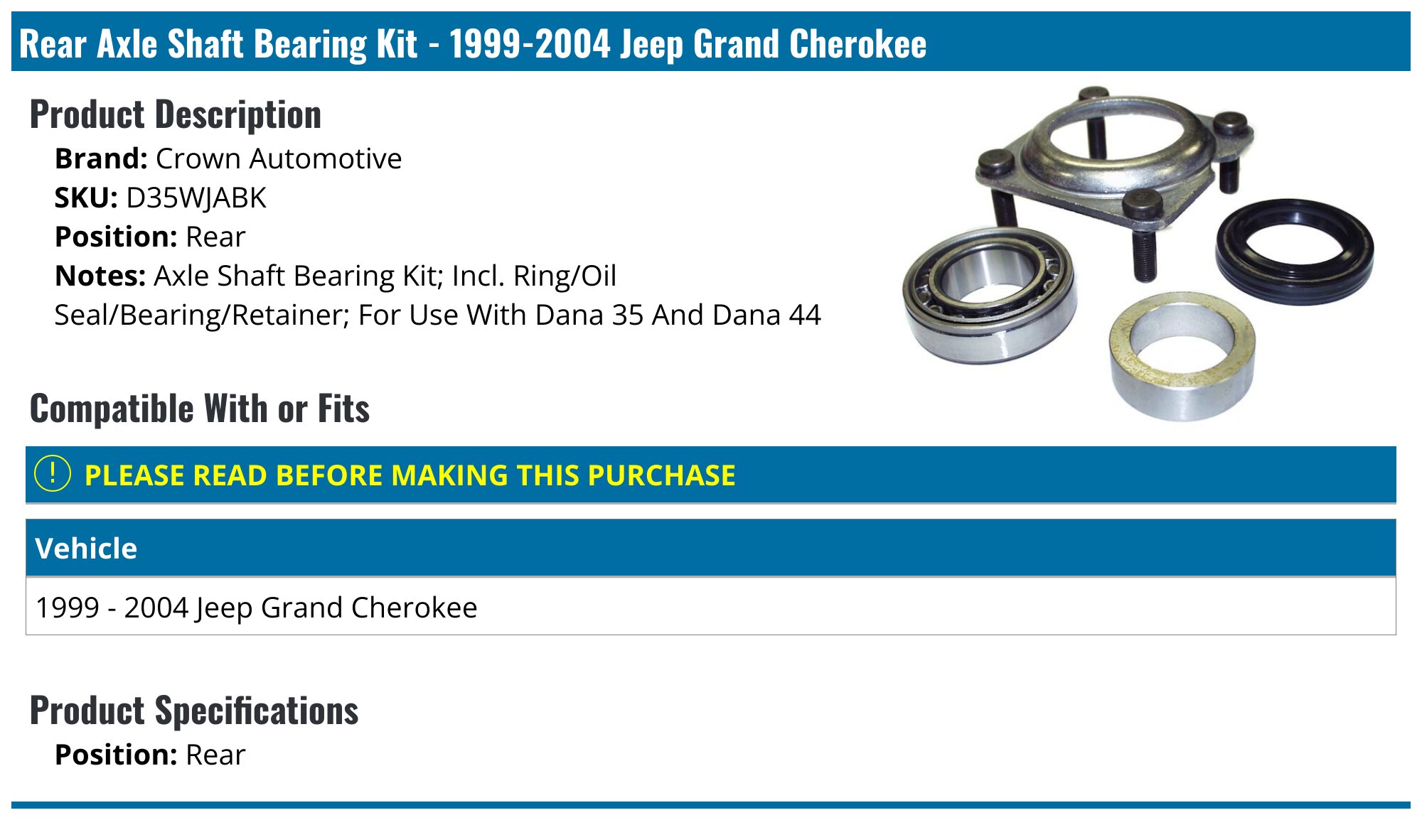Axle Shaft Bearing Kit 1971-1991 SJ, J-Series w/ AMC 20 or Dana 44 Rear Axles Crown Automotive main image 0