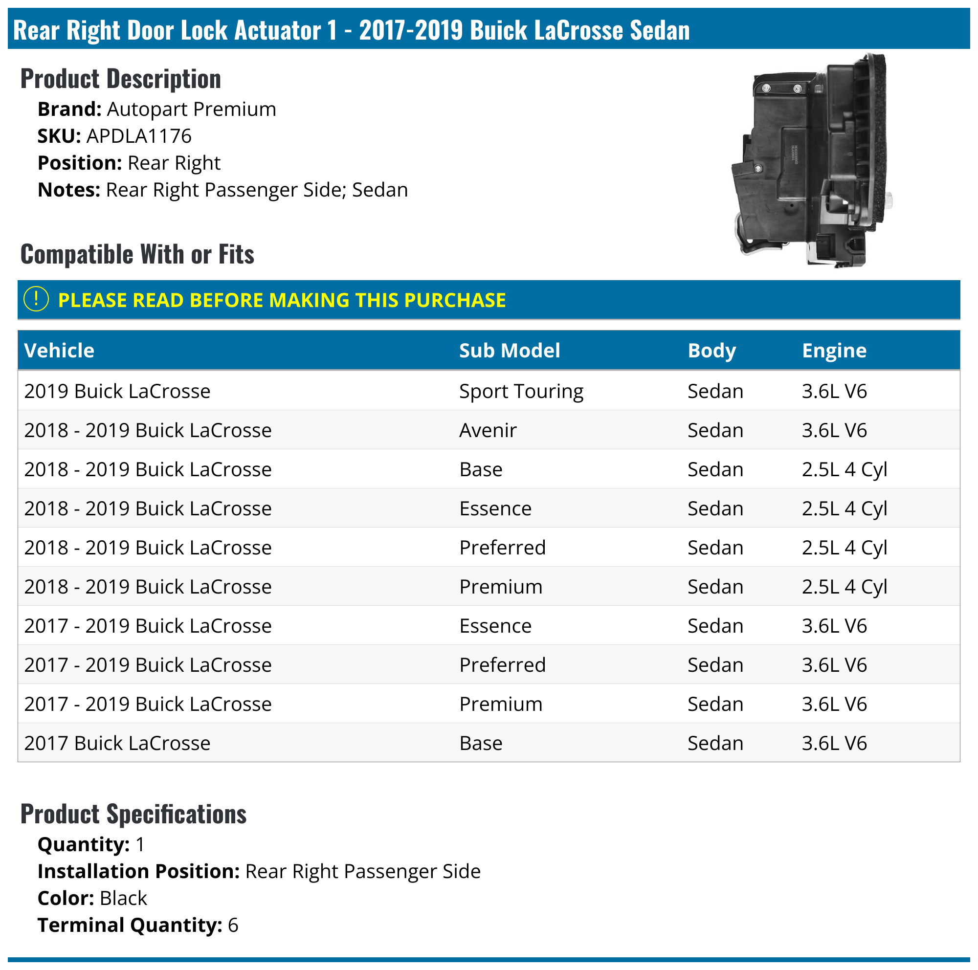 20172019 Buick LaCrosse Door Lock Actuator Autopart Premium