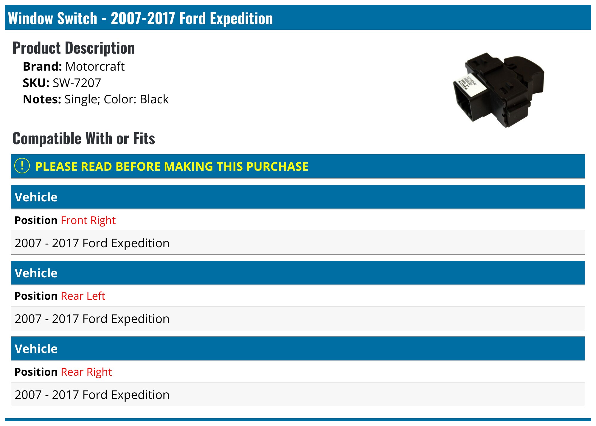 Motorcraft SW-7207 Power Window Switch – Front Or Rear, Driver Or Passenger Side Replacement For Ford & Lincoln