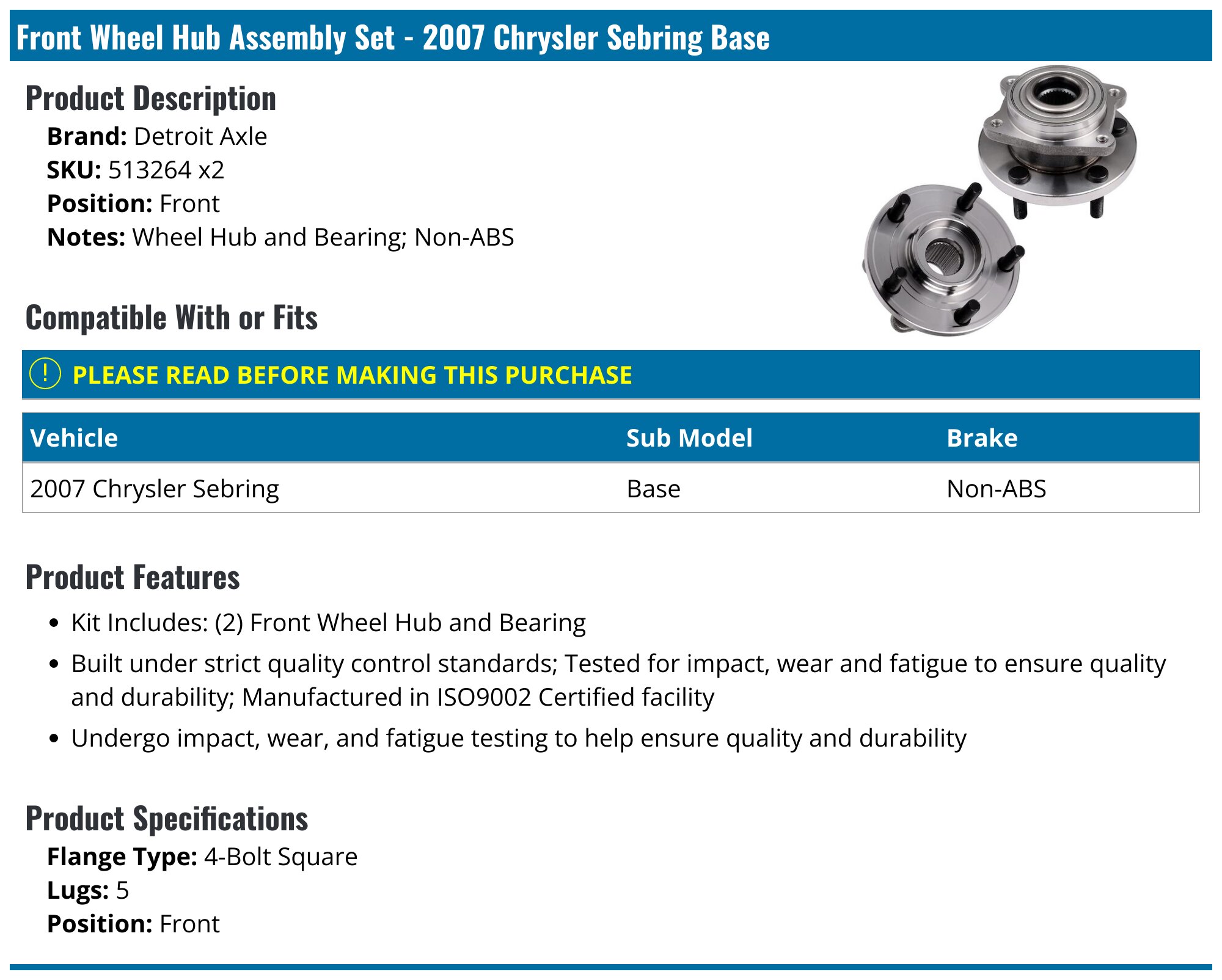 thumbnail image 2 of TIMKEN Front Wheel Hub Bearing Assembly For Ford Explorer Mercury Mountaineer 06-10 W/ ABS 2 of 2