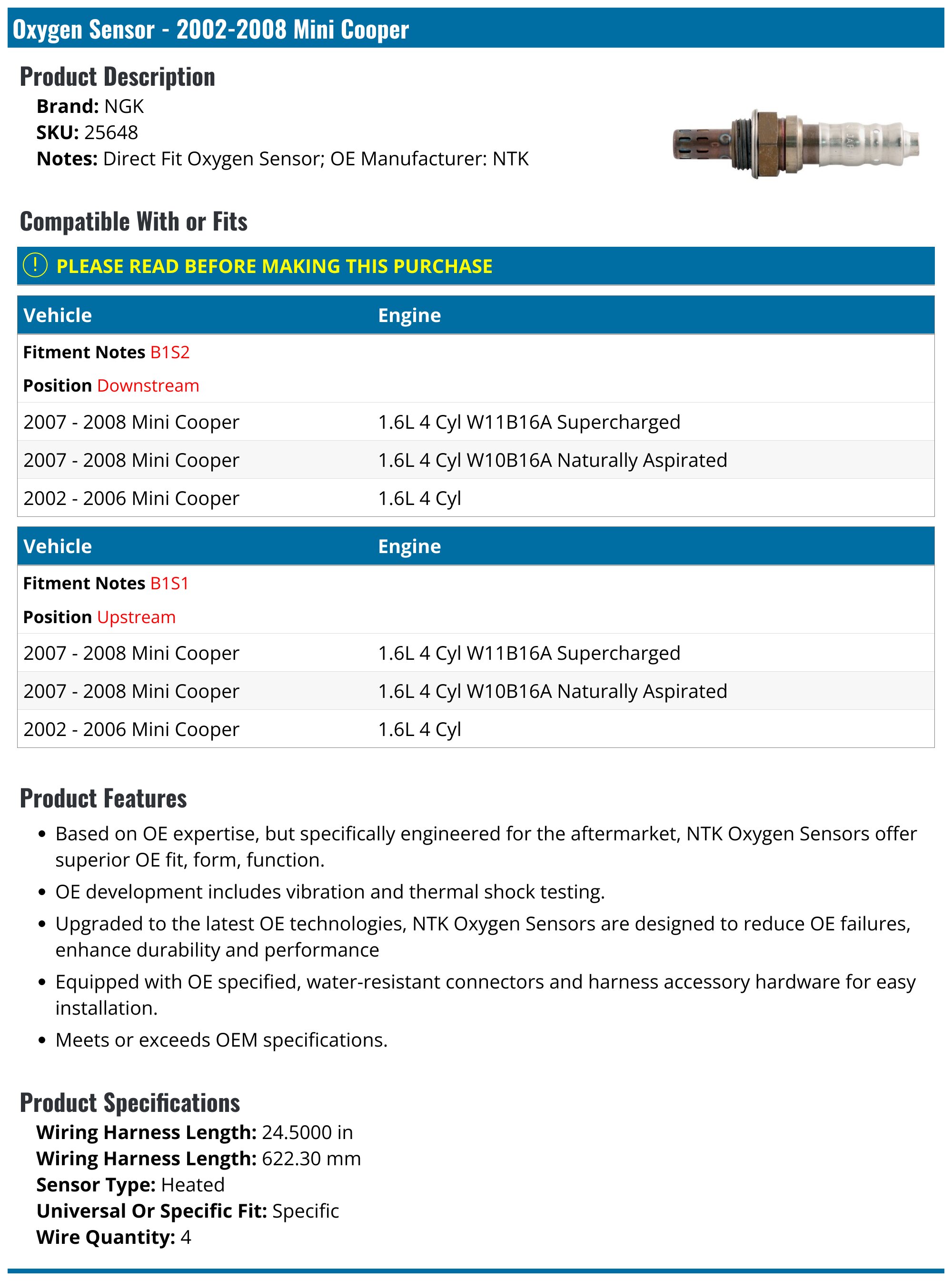 2002-2008 Mini Cooper Oxygen Sensor - NGK 25648 - Upstream - PartsGeek.com