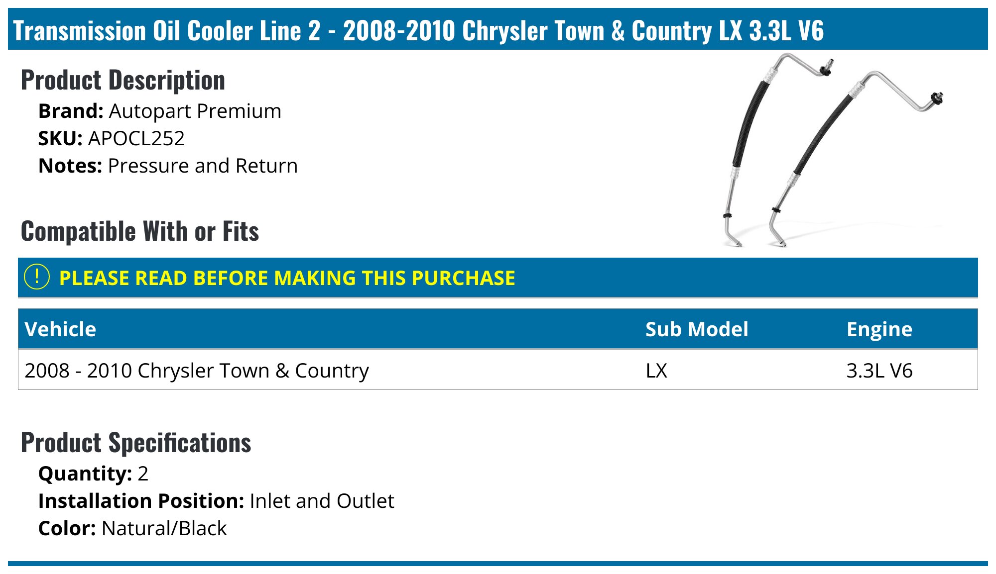 20082010 Chrysler Town & Country Transmission Oil Cooler Line