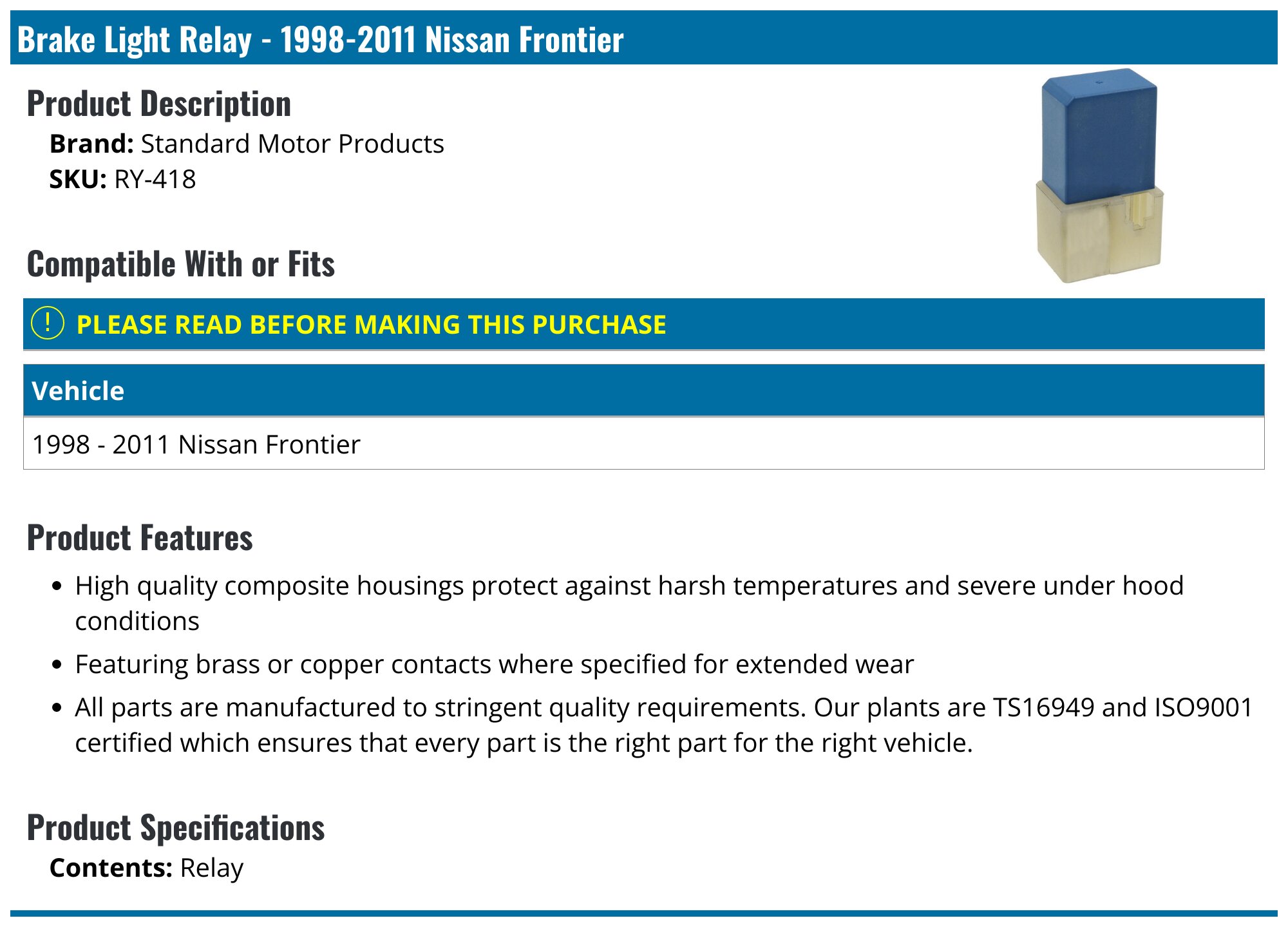 1998-2011 Nissan Frontier Brake Light Relay - Standard Motor