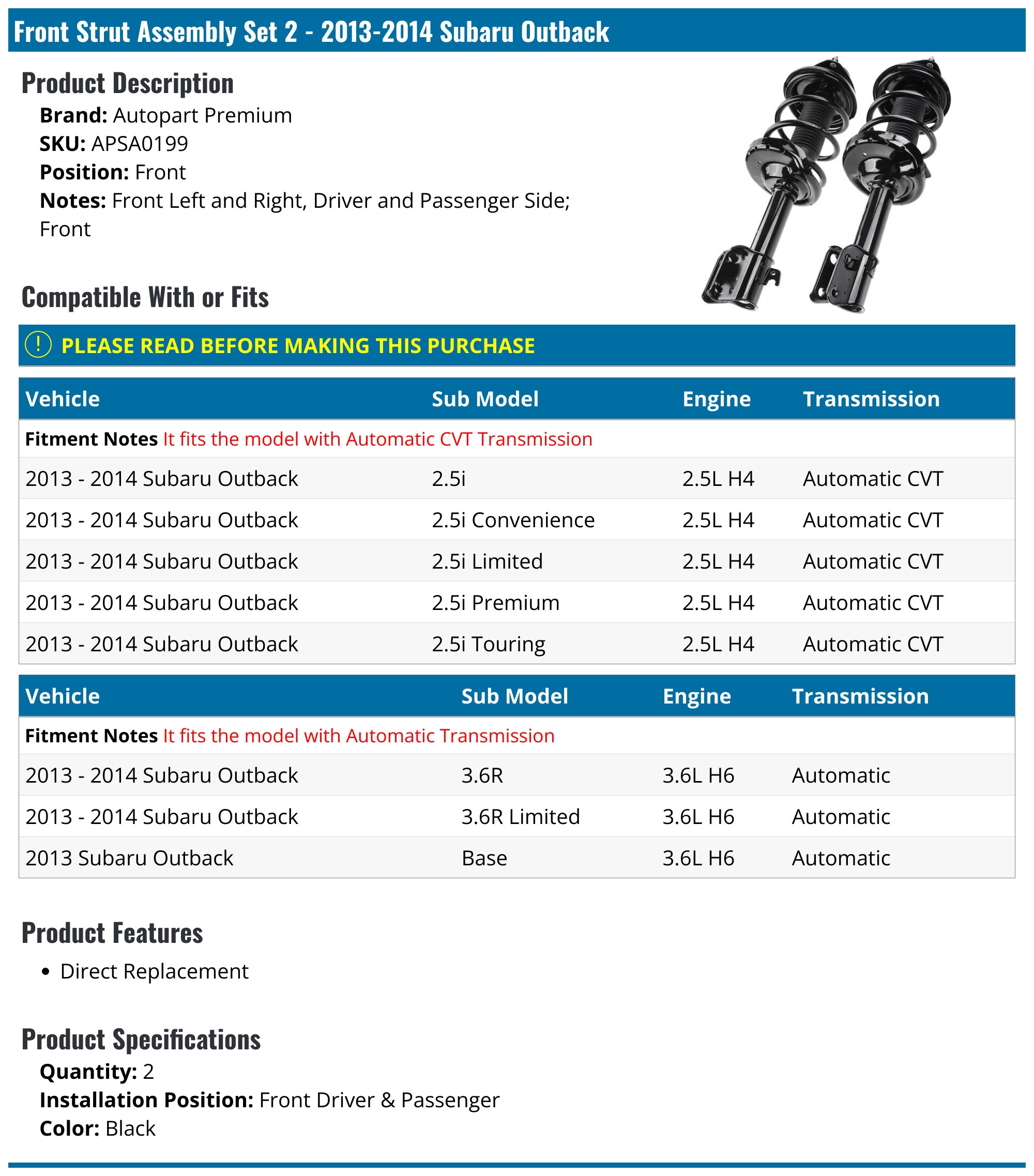 Detroit Axle Front Struts With Coil Springs Set For 2013-2014 Subaru Outback – Pair