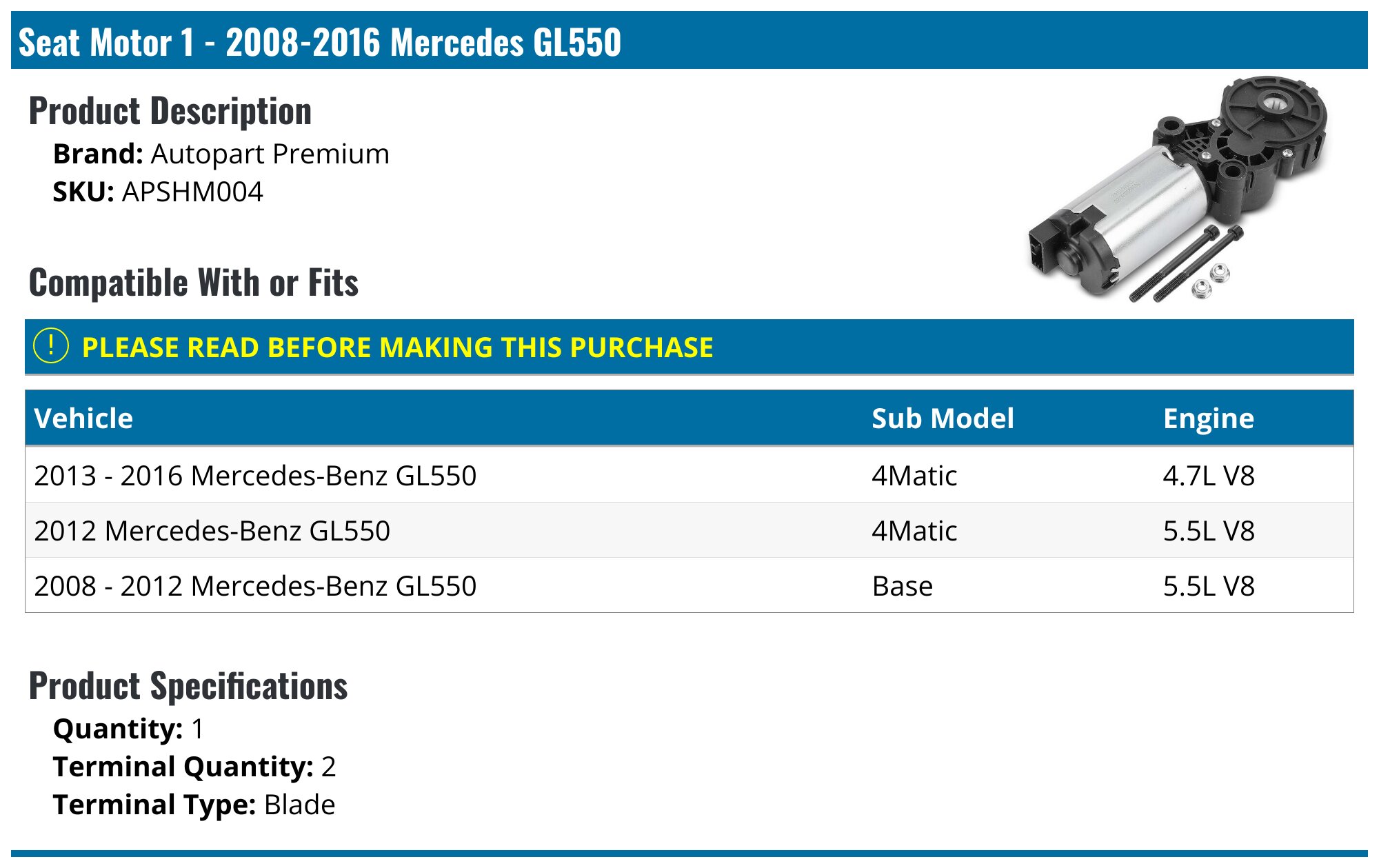2008-2016 Mercedes GL550 Seat Motor - Autopart Premium APSHM004 ...