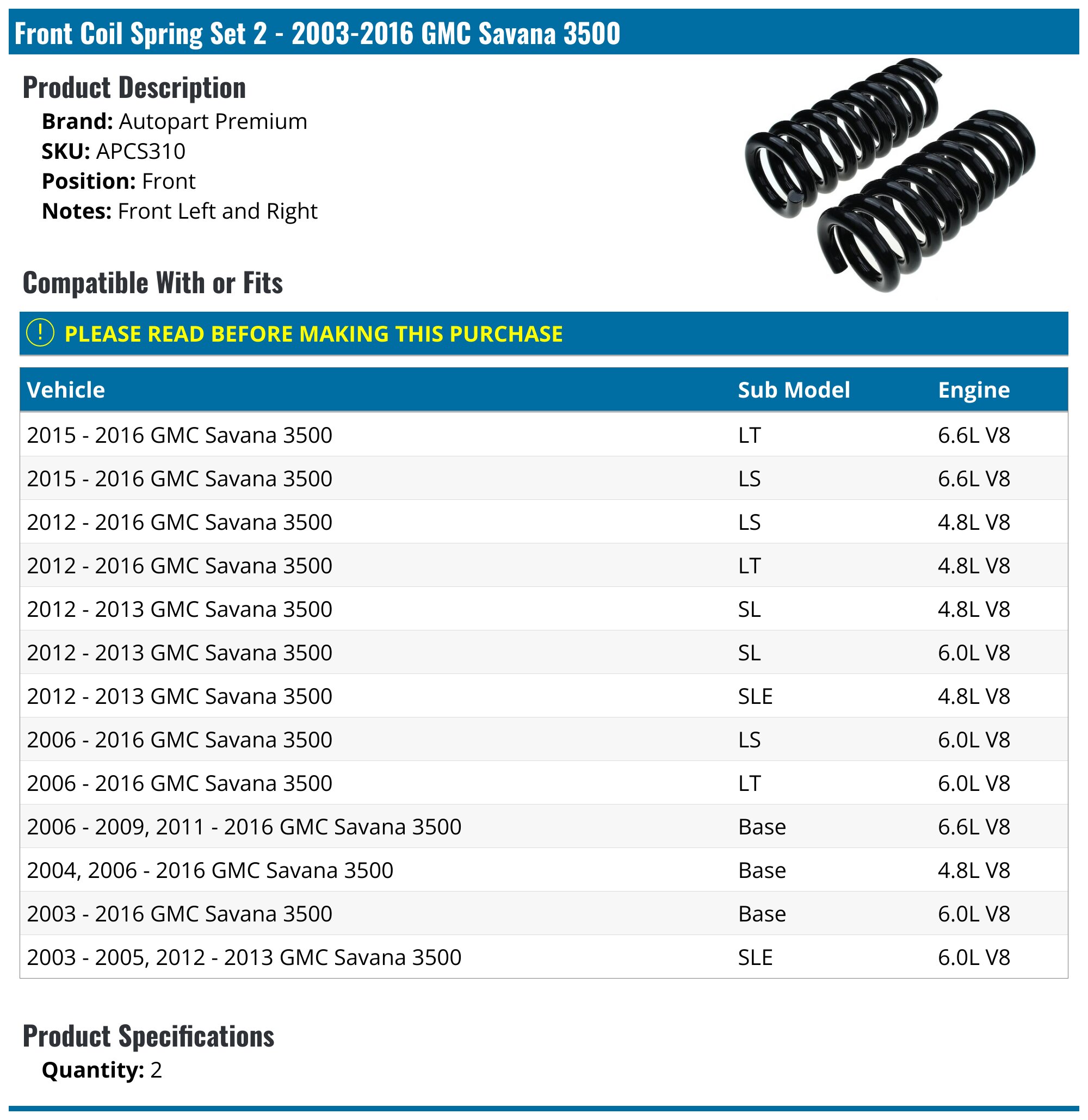 Heavy Duty Coil Springs for 03-23 G3500 Express/Savana Panel Van | 350
