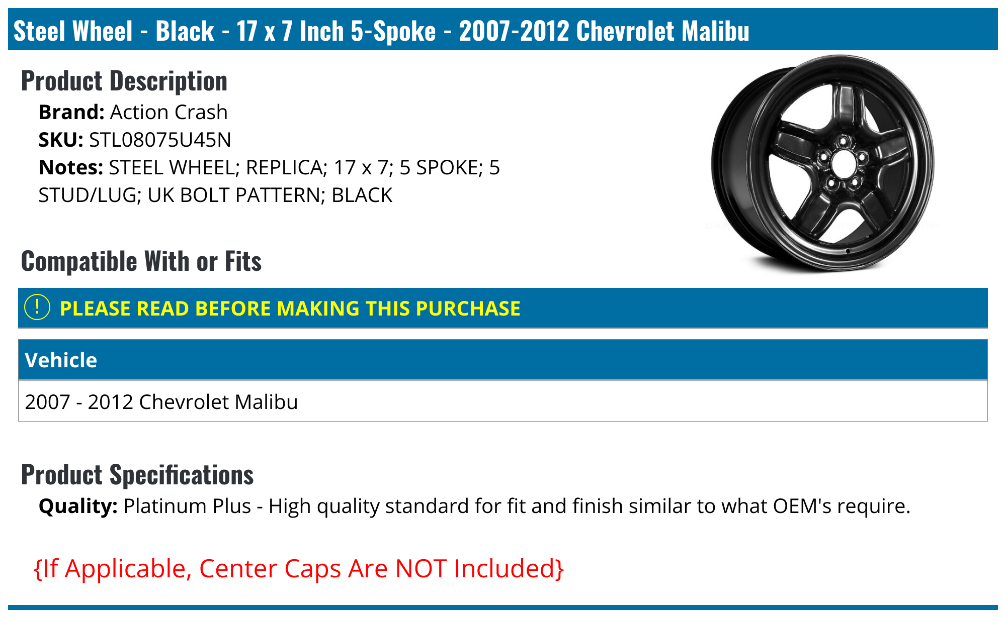 Steel Wheel - Black - 17 x 7 Inch 5-Spoke - 2008-2012 Chevrolet Malibu -  Action Crash 28774-04169922, image size:2000x1230