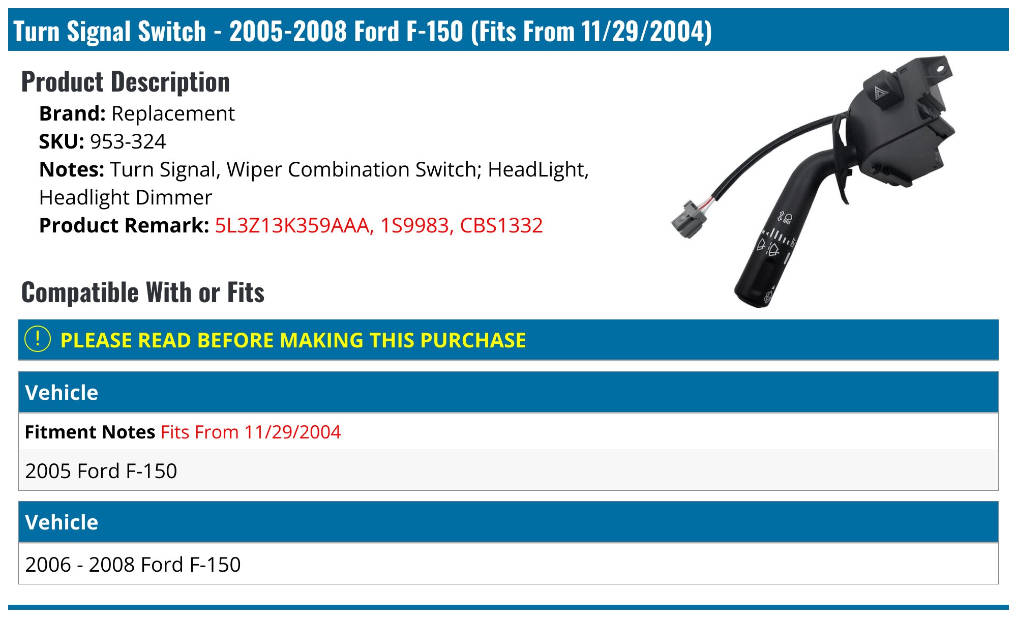 Turn Signal Wiper Switch For Ford F-150 2005-2008 – Dimmer Combination Lever