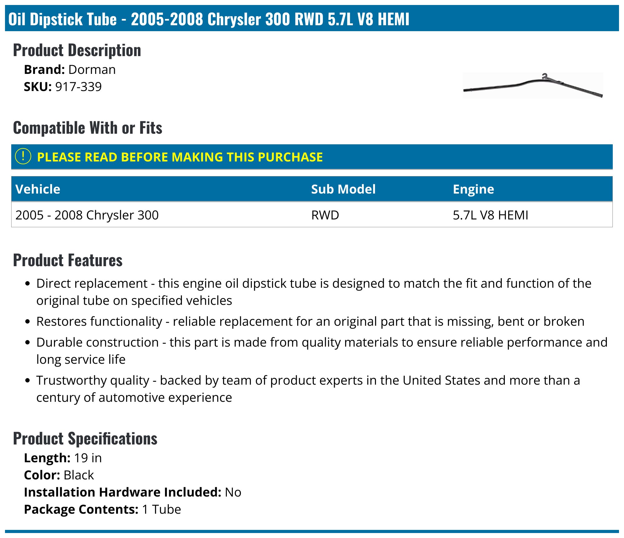20052008 Chrysler 300 Oil Dipstick Tube Dorman 917339