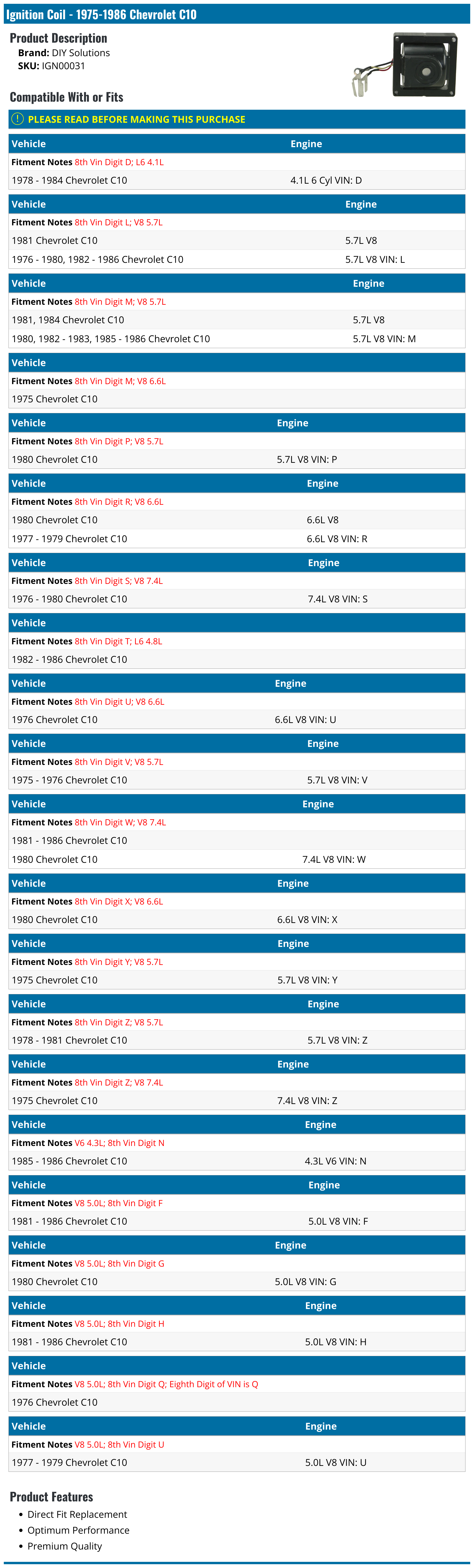 19751986 Chevrolet C10 Ignition Coil DIY Solutions IGN00031