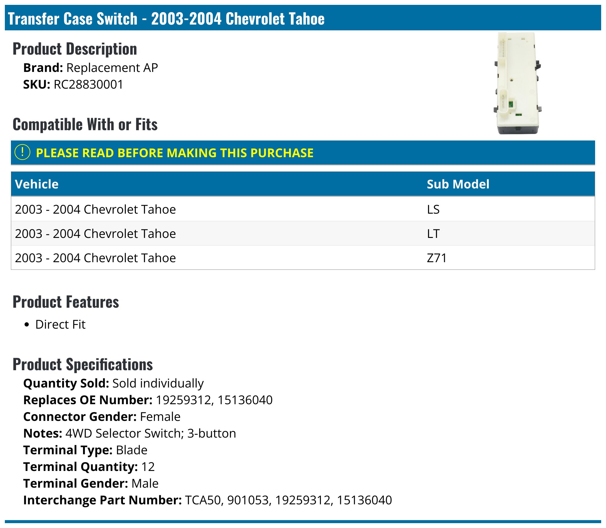 2003-2004 Chevrolet Tahoe Transfer Case Switch - Replacement AP ...