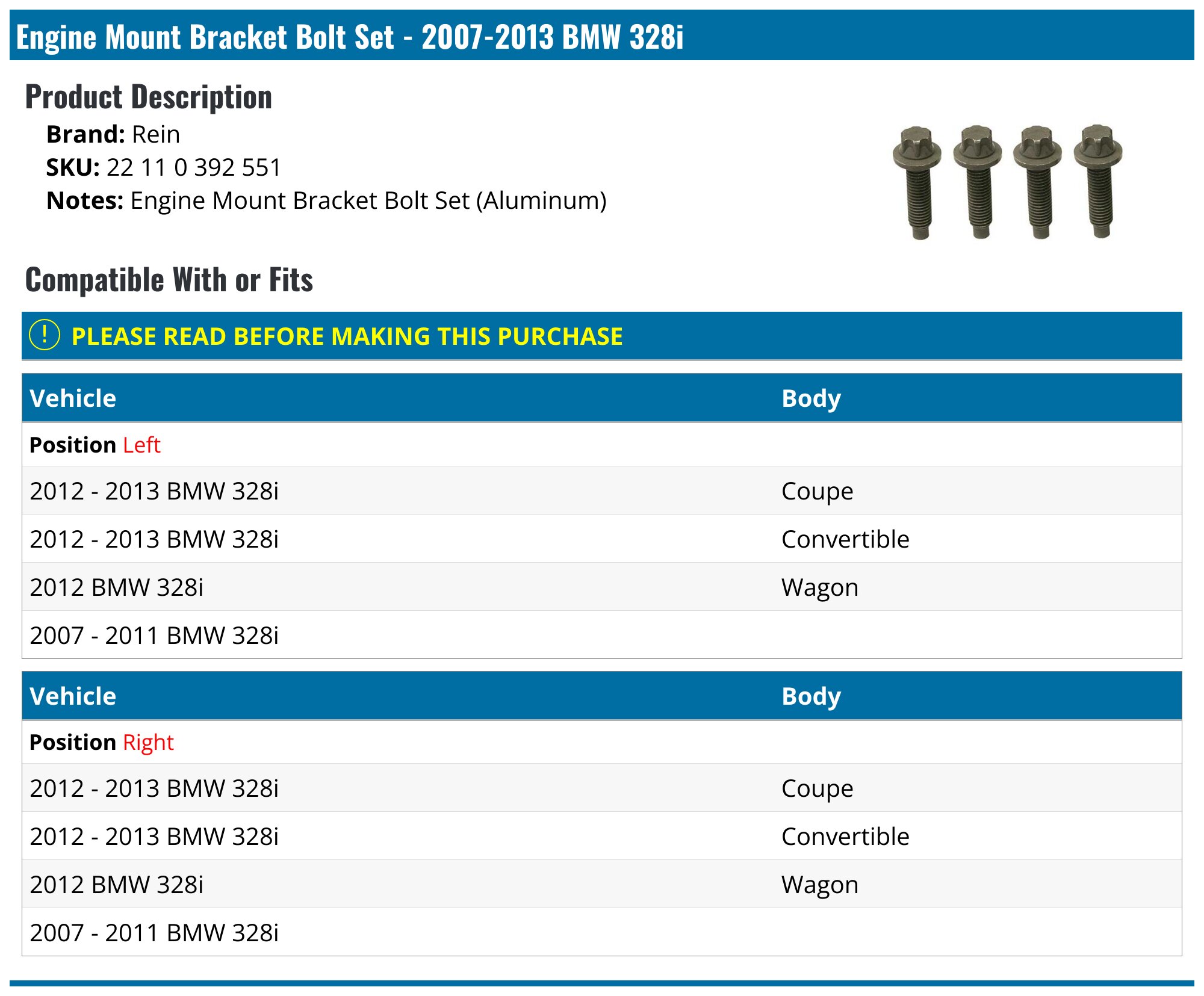 20072013 BMW 328i Engine Mount Bracket Bolt Set Rein 22 11 0 392 551