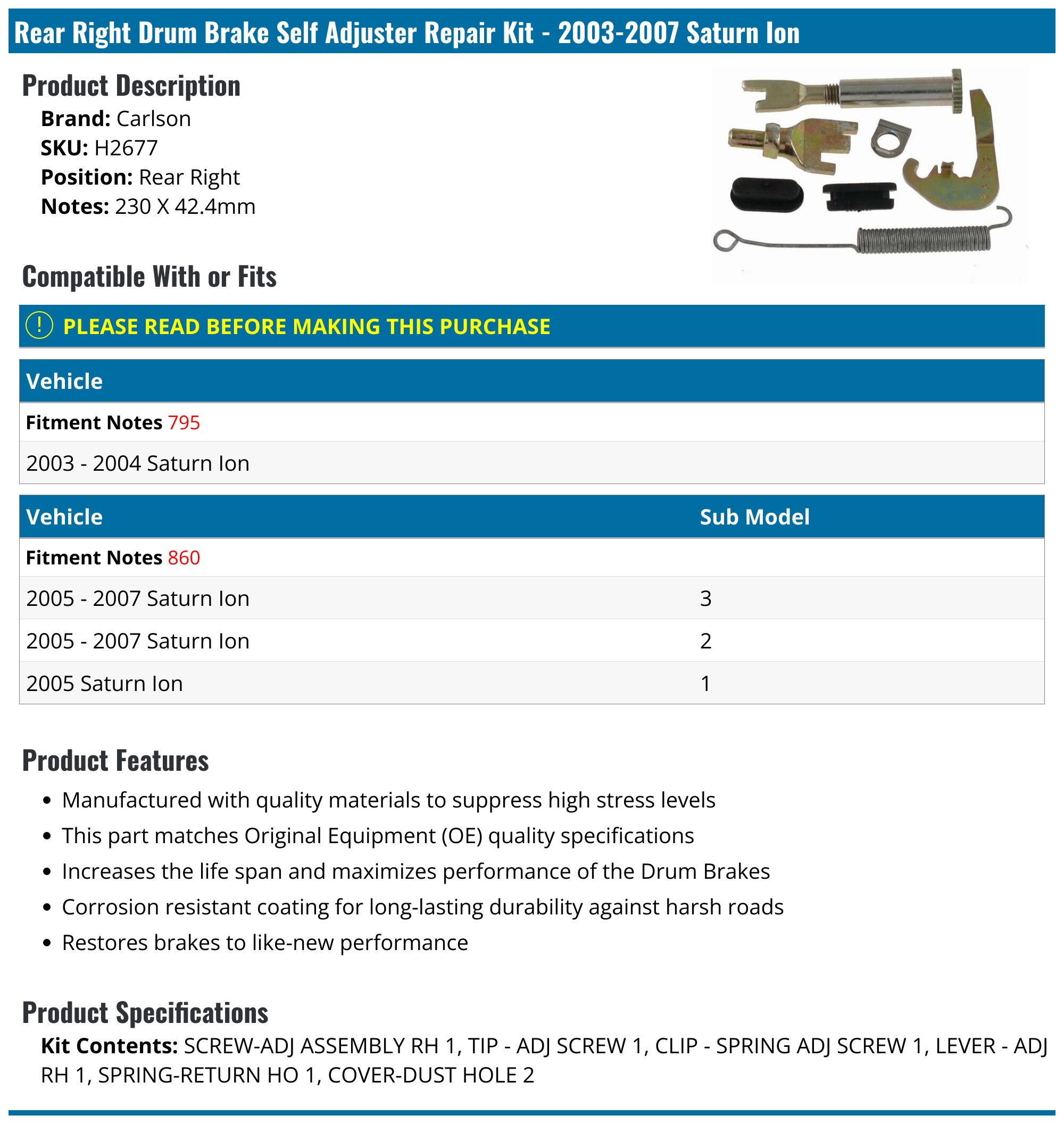 Carlson® H3524 - Front Driver Side Drum Brake Self Adjusting Repair Kit