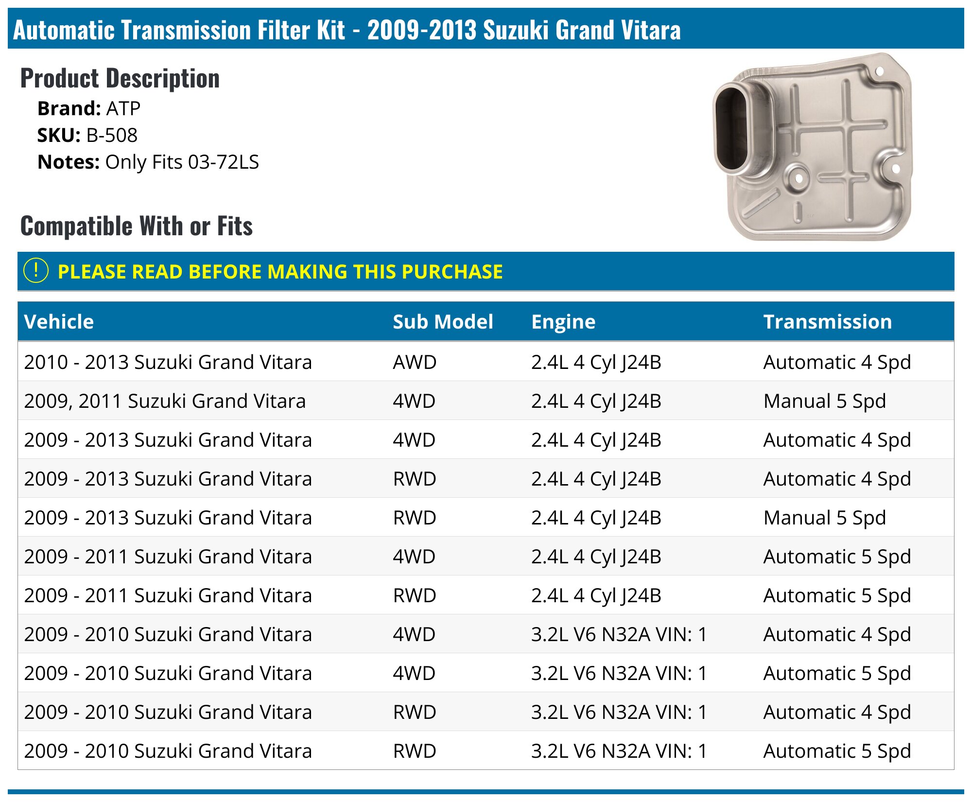 HYDRAULIC FILTER AUTOMATIC TRANSMISSION FTA094 FOR SUZUKI GRAND/VITARA/Open 2.0L £26.43