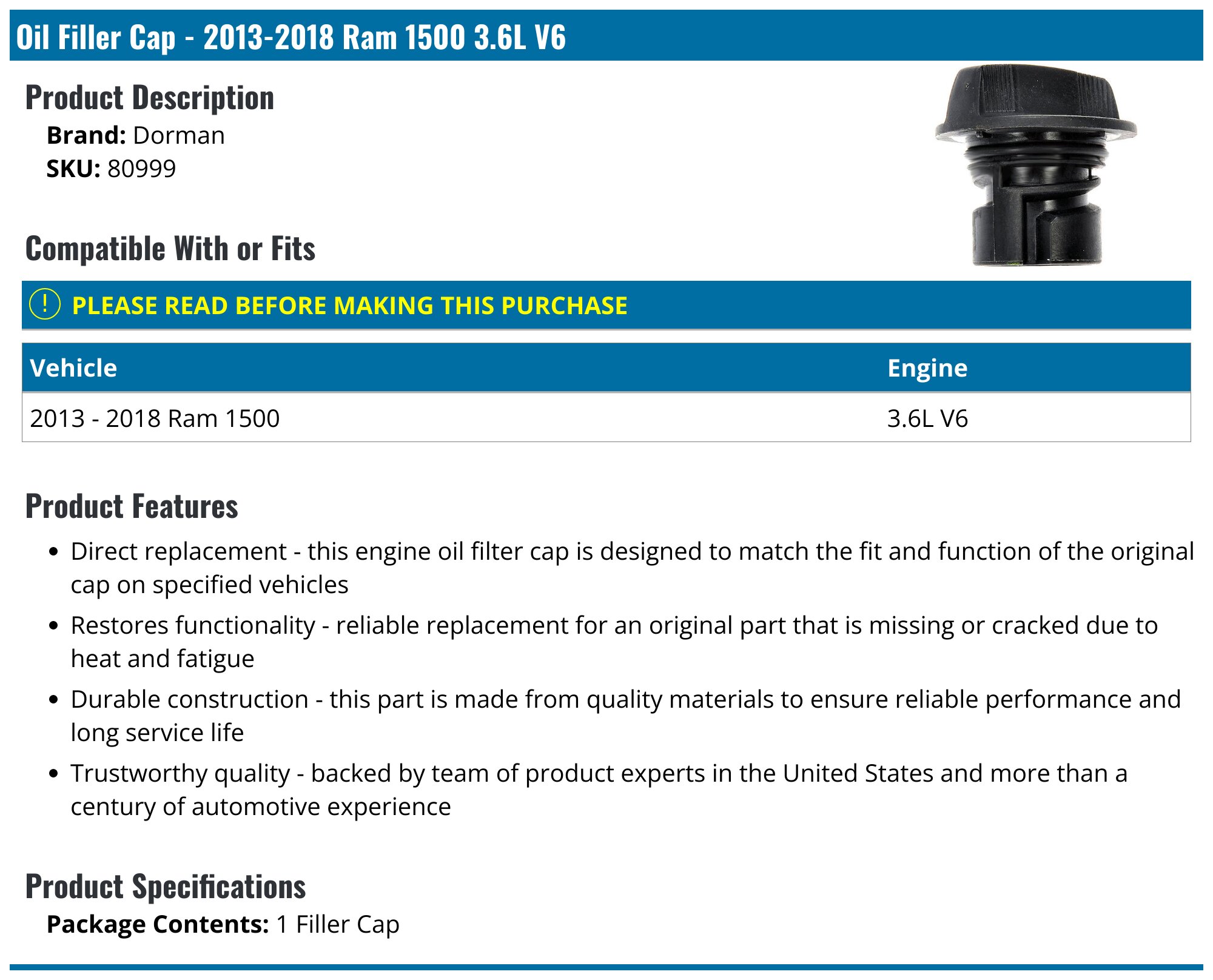 Dorman HELP! Oil Filler Cap 80987 | O'Reilly Auto Parts