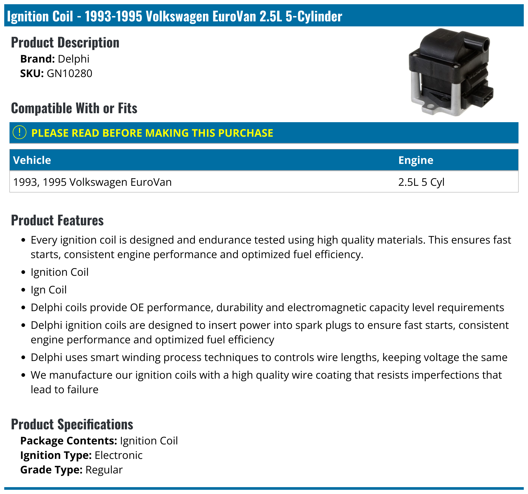19931995 Volkswagen EuroVan Ignition Coil Delphi GN10280