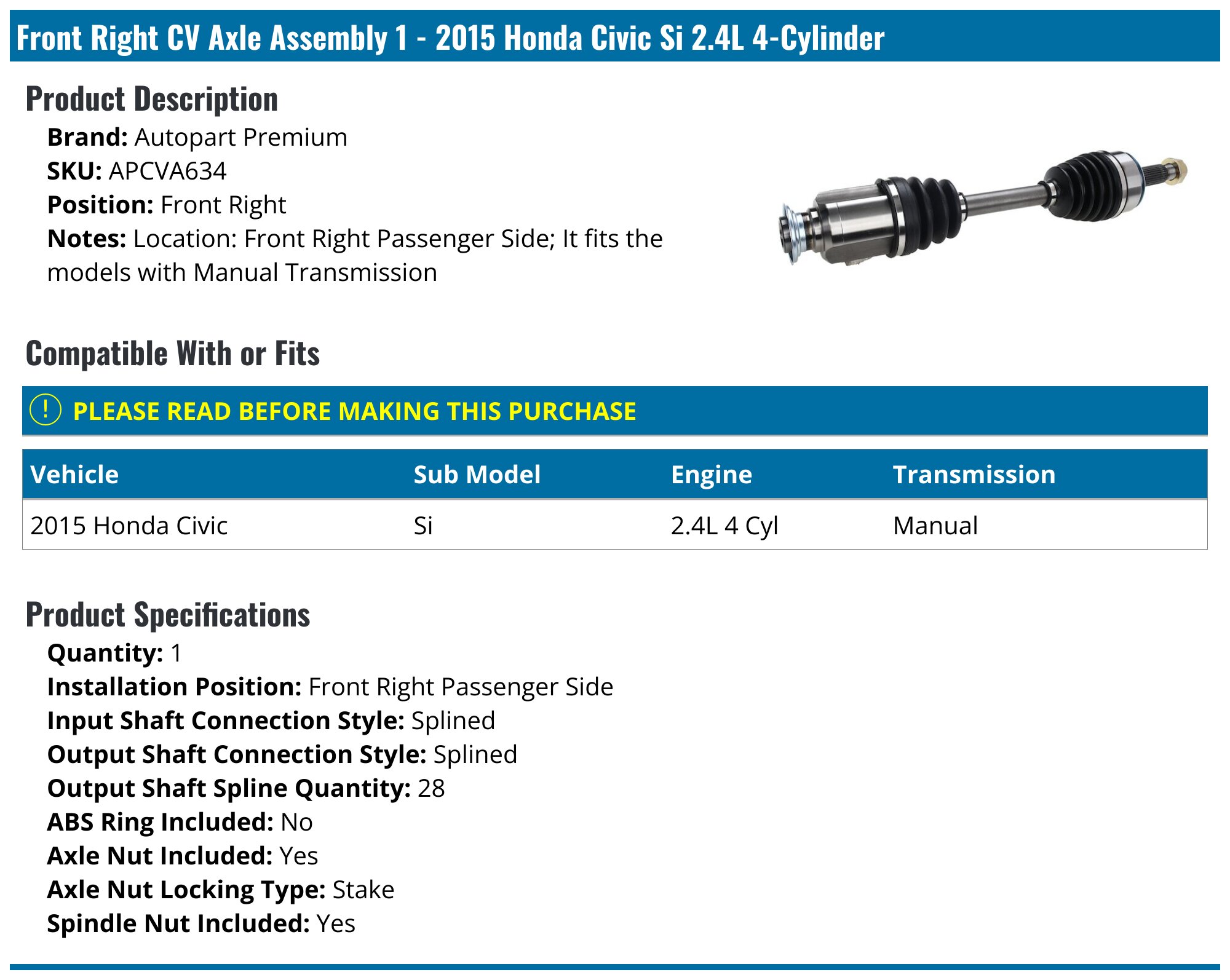 Cv Shaft Cardan Avant Droit Honda Accord 2012 Front RH Passenger Fit For  Honda Civic 2006-2015 L4 1.8L Automatic Shaft s Front Pair Front Drive  Shaft Cv Axle