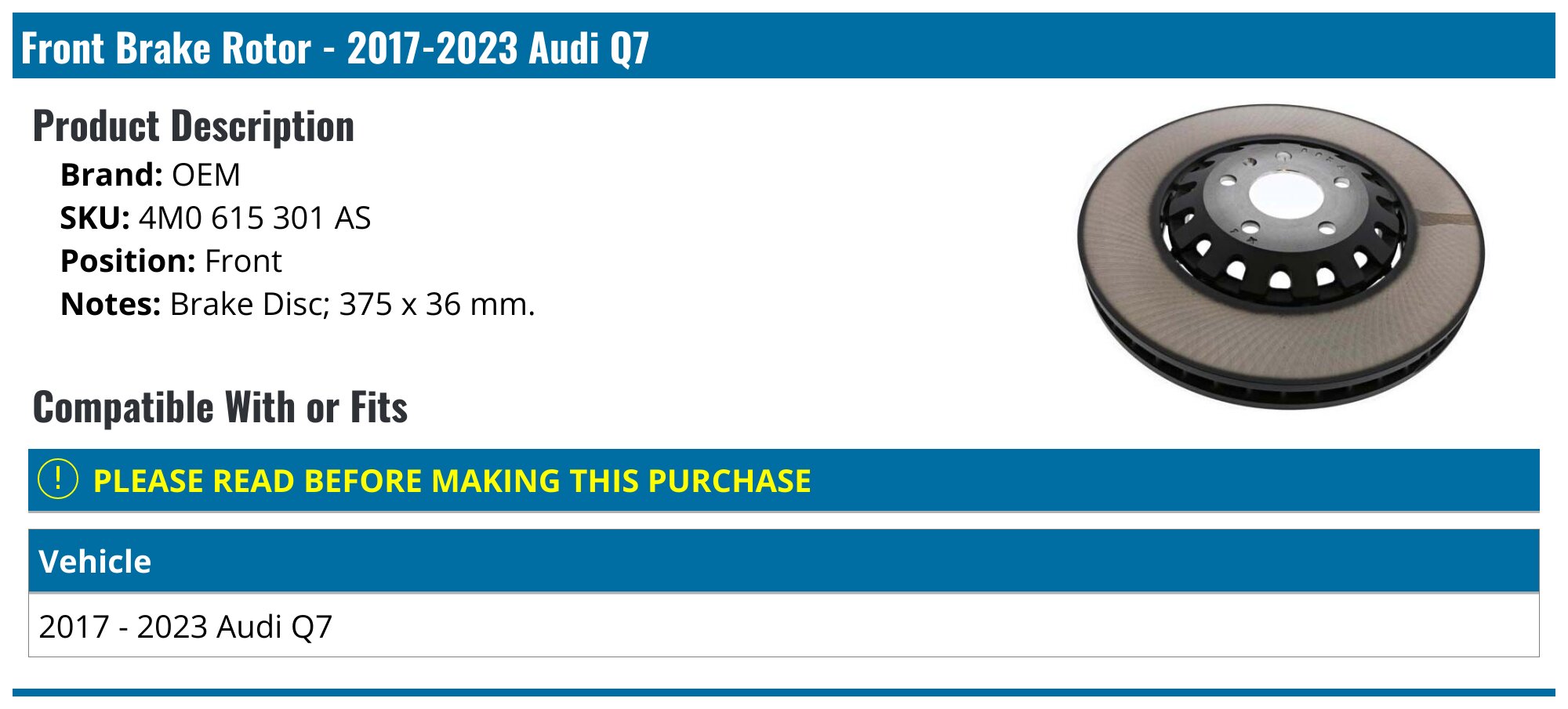 20172022 Audi Q7 Brake Rotor OEM 4M0 615 301 AS Front Right