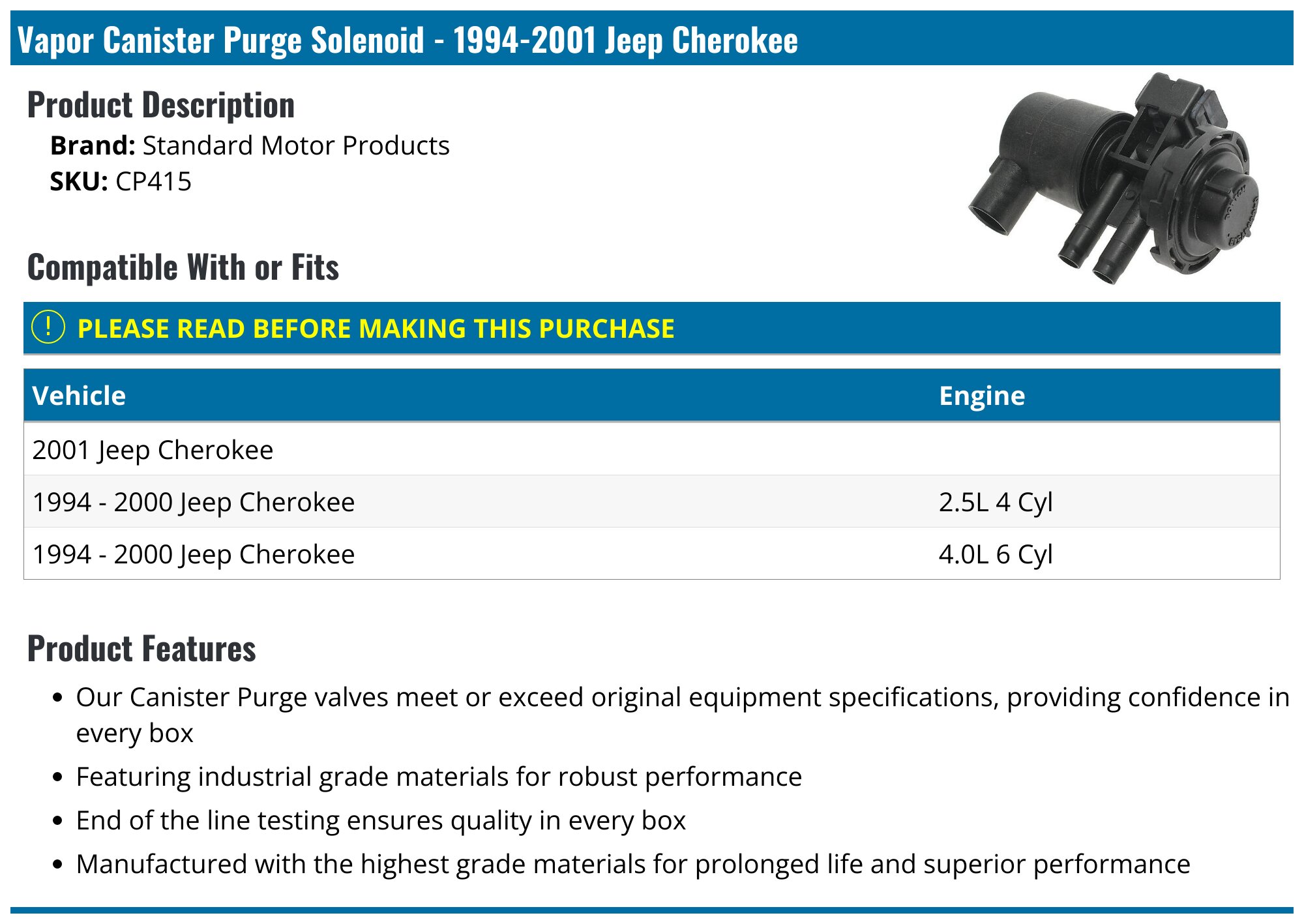 Vapor Canister Purge Solenoid For Jeep Cherokee 1994-2001 — Direct OE Replacement PC-688925, Exact Fit