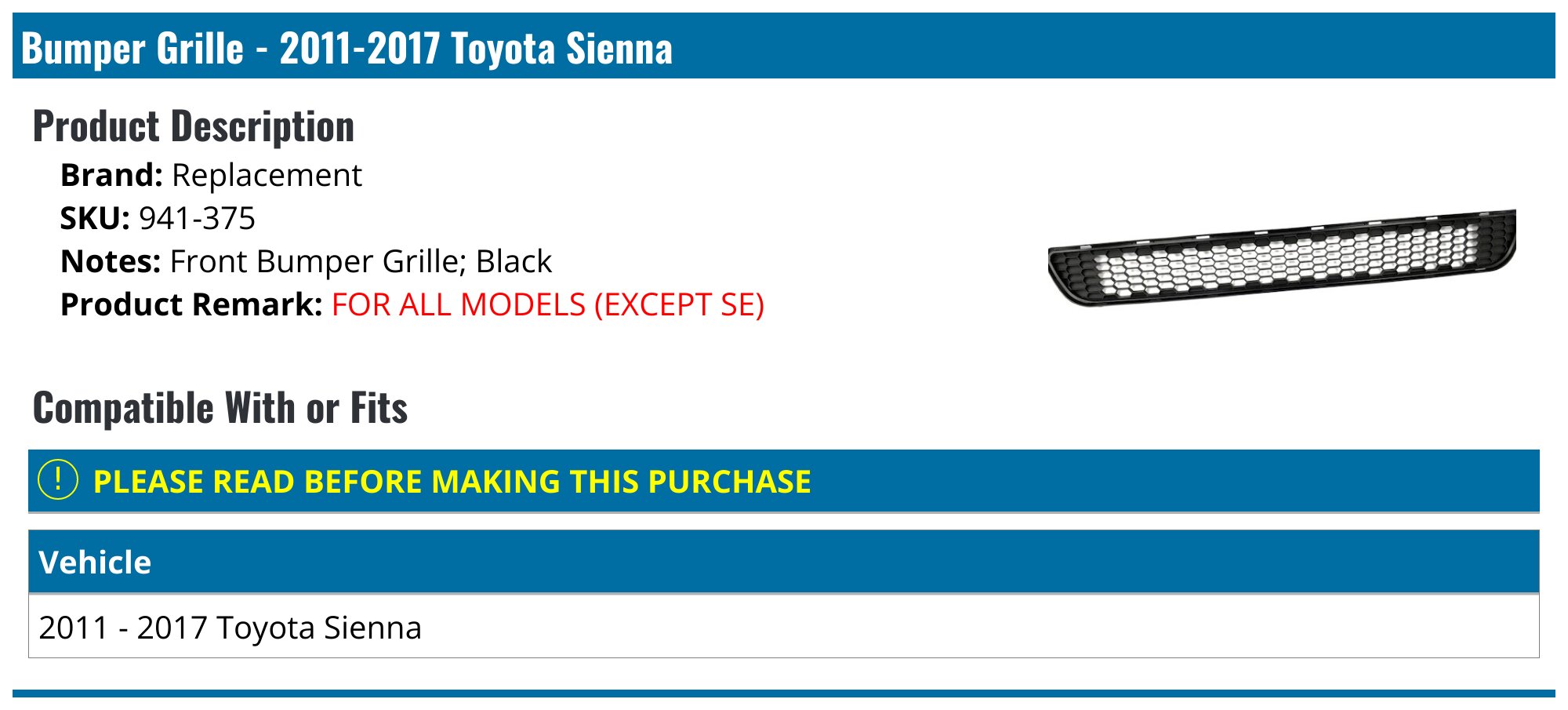 Front Bumper Grille – Textured Gray – Fits 2011-2017 Toyota Sienna – 53112-08010