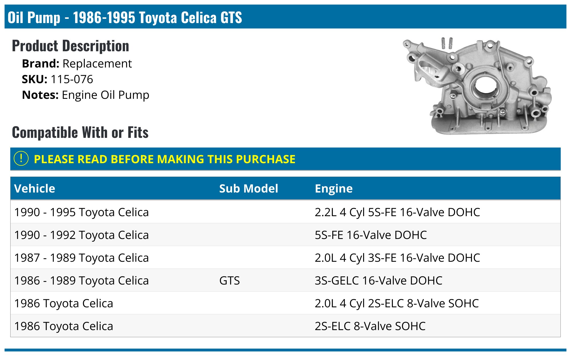 1986-1995 Toyota Celica Oil Pump - Replacement 115-076 - PartsGeek.com