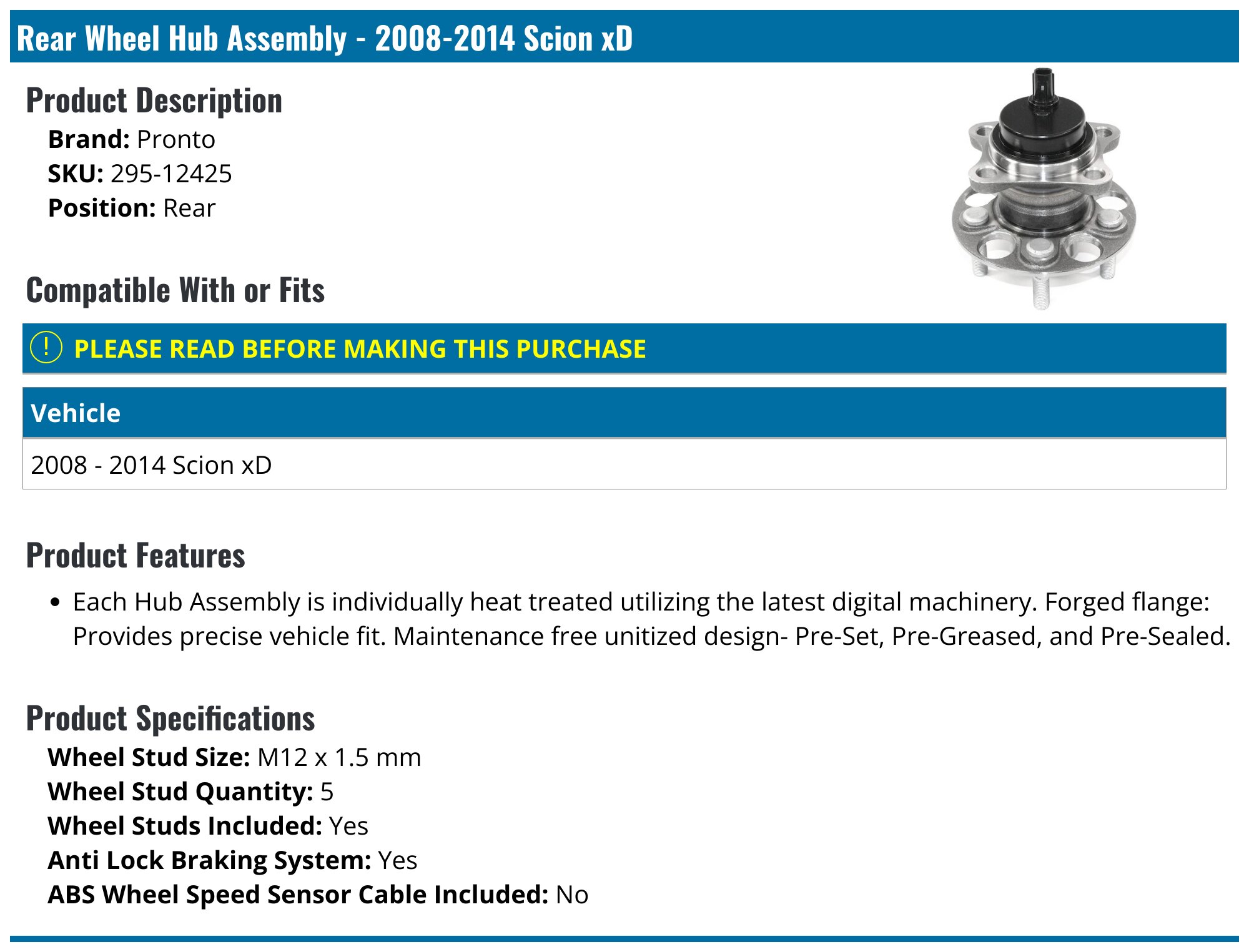 DuraGo 29512425 Rear Hub Assembly - Premium Replacement For Smooth Ride & Fuel Efficiency