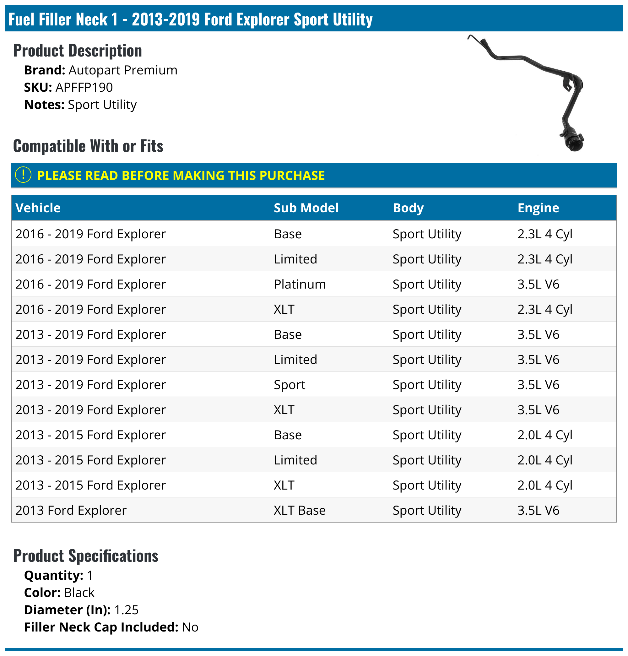 20132019 Ford Explorer Fuel Filler Neck Autopart Premium APFFP190