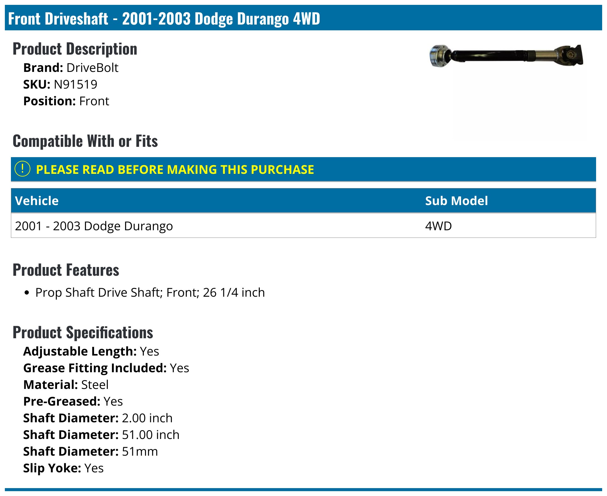 Rear Driveshaft CV Joint For Dodge Durango 2011-2018 – 6 Bolt, Transfer Case Side, 3.937 Inch Diameter