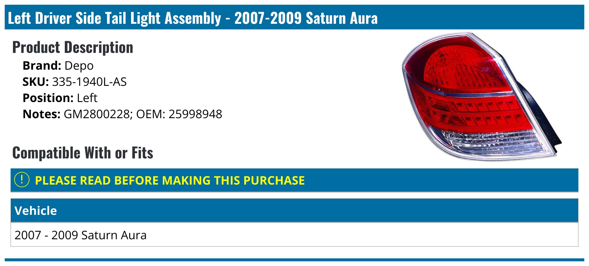 Fasteners Unlimited 89-187 Red Lens | SUANCHANG-AUTO Replacement# 9037139 Tail lights outer L 1pc/set | 照明