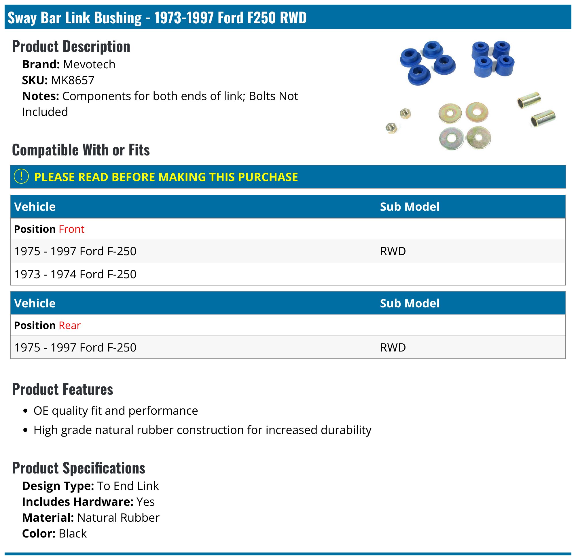 1973-1997 Ford F250 Sway Bar Bushing Mevotech MK8657 Front
