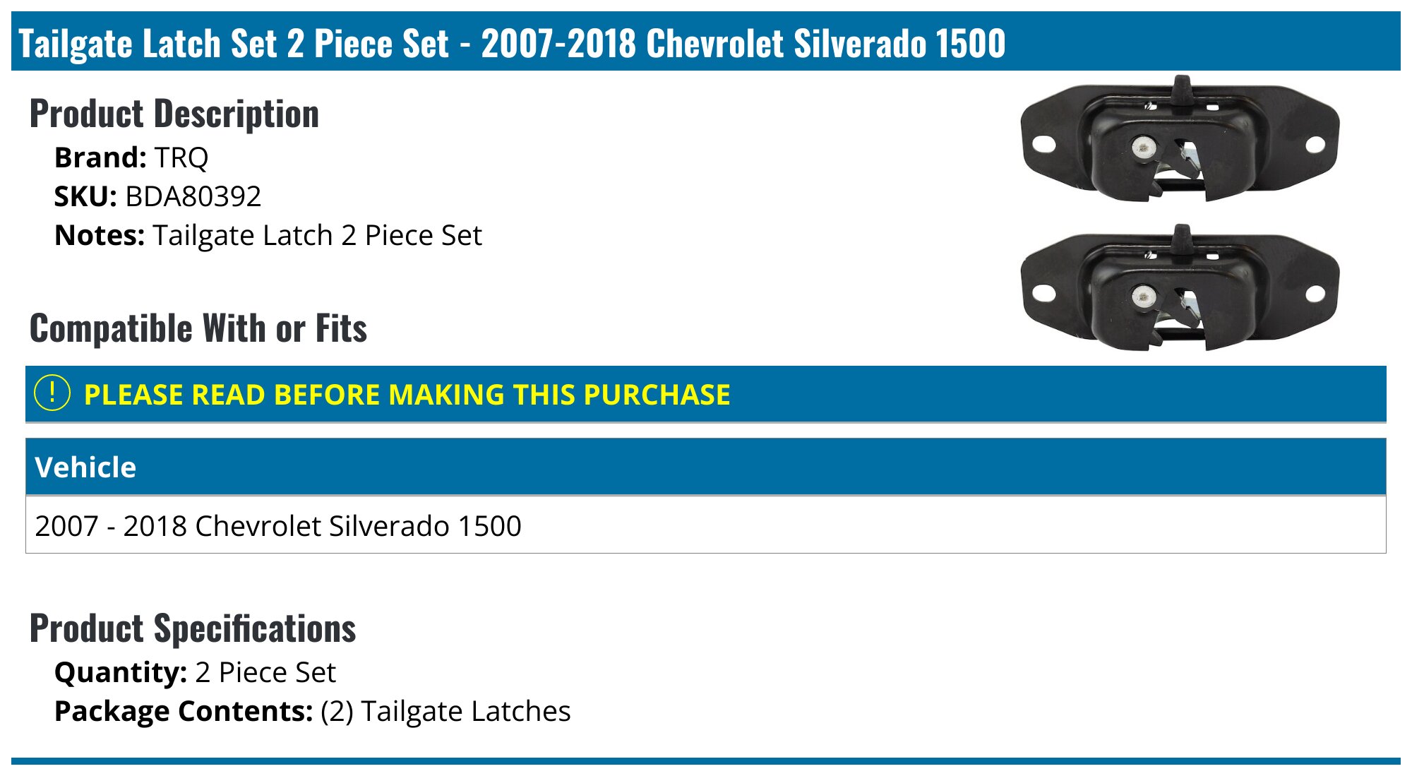 TRQ 32PV44P Tailgate Latch Rod Fits 2007-2014 GMC Sierra 3500 HD