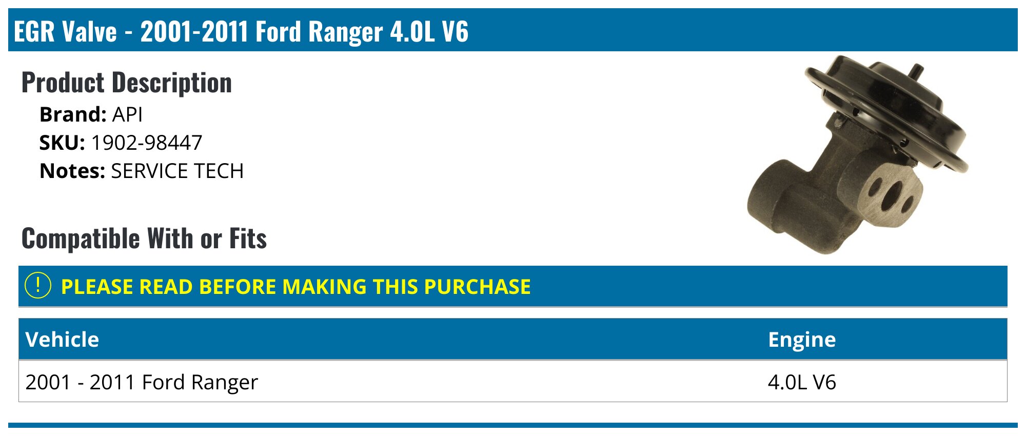 2001-2011 Ford Ranger EGR Valve - API 5520-07499846 - PartsGeek.com