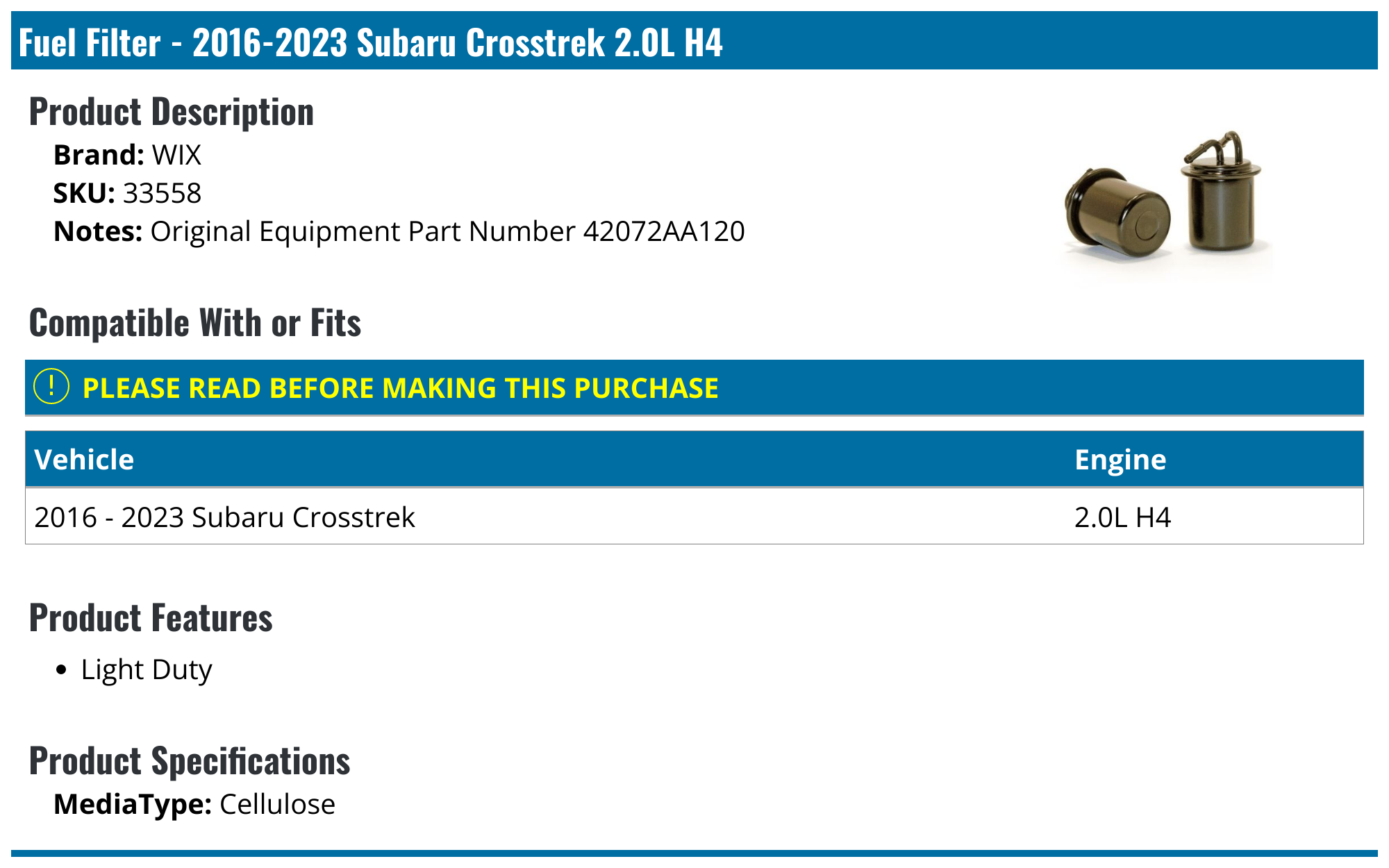 20162023 Subaru Crosstrek Fuel Filter WIX 33558