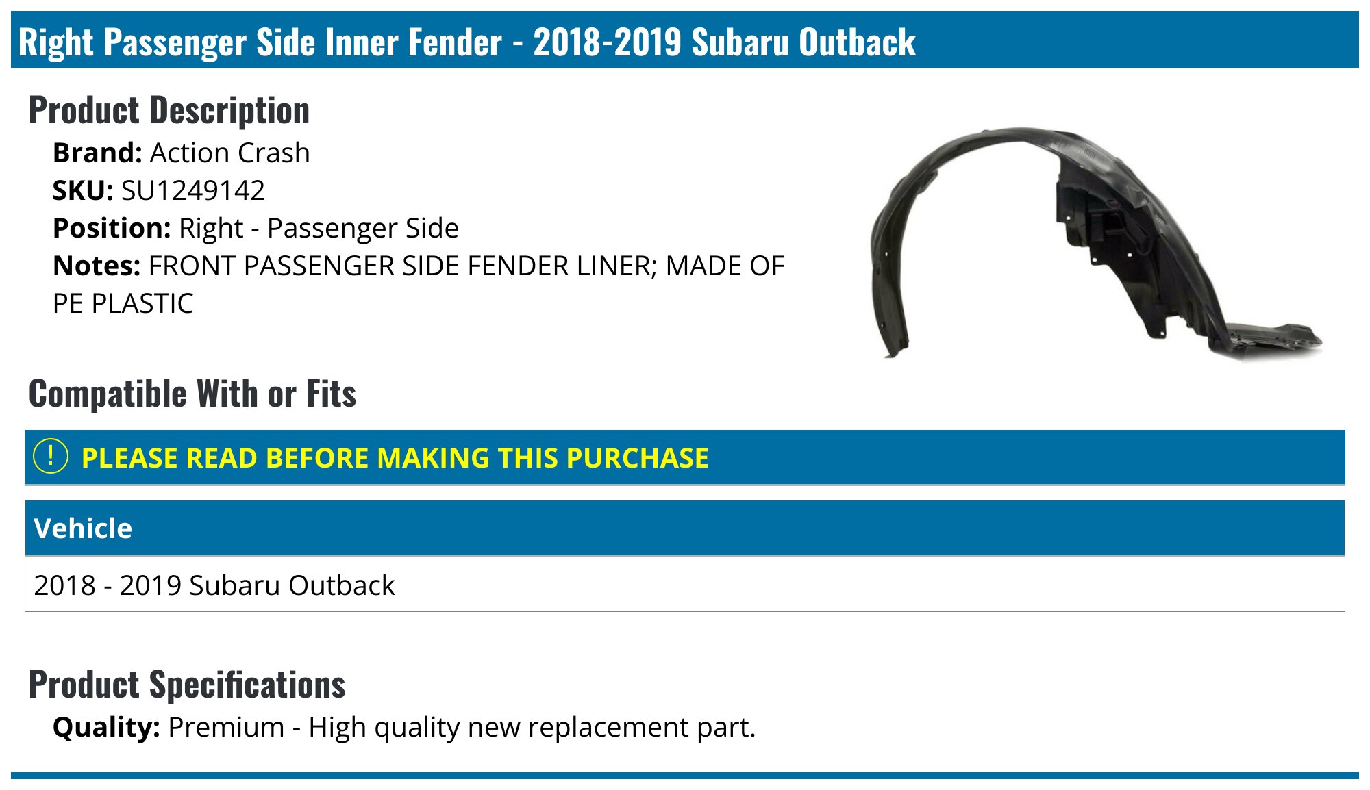 2020 Subaru Ascent Fender Liner. Fender Splash Shield. Radiator Support Splash Shield Mud Guard Left  Front  Inner