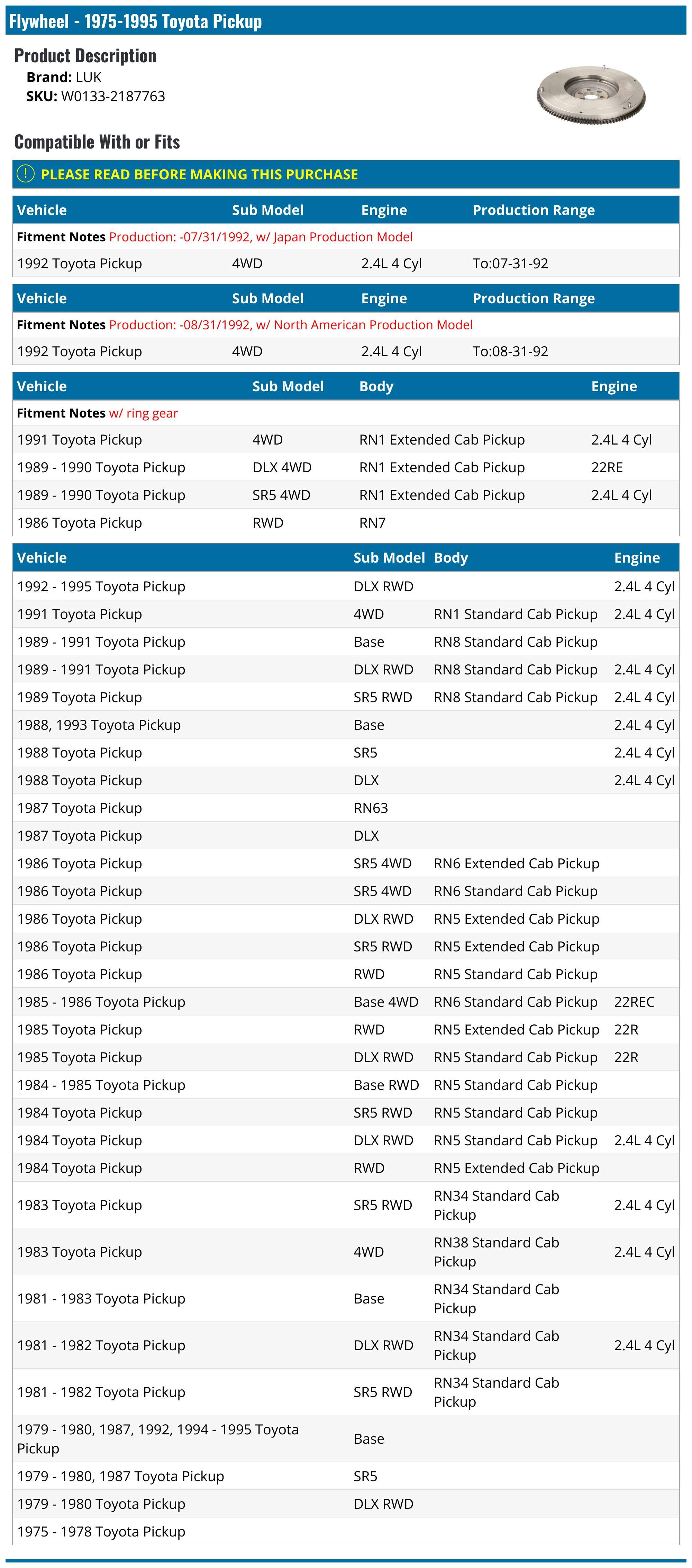 Toyota Pickup Flywheel - Flywheels - LUK Sachs Autopart Premium Exedy  Perfection - 1979 1987 1981 1990 1982 1992 1980 1989 79 87 81 90 82 92 80  89 - PartsGeek