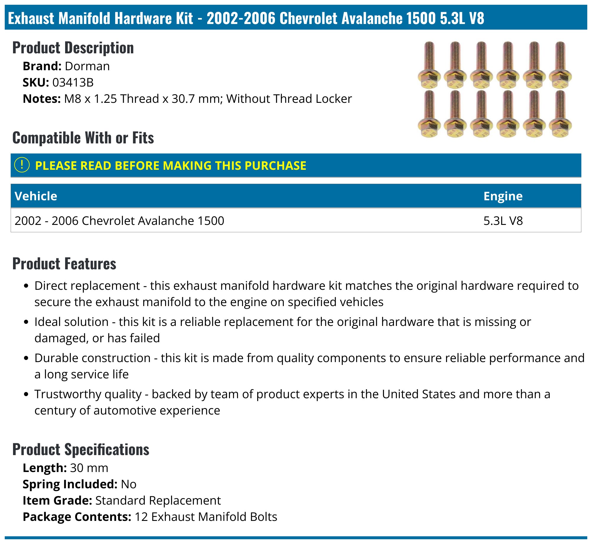 2002-2006 Chevrolet Avalanche 1500 Exhaust Manifold - Dorman 03413B ...