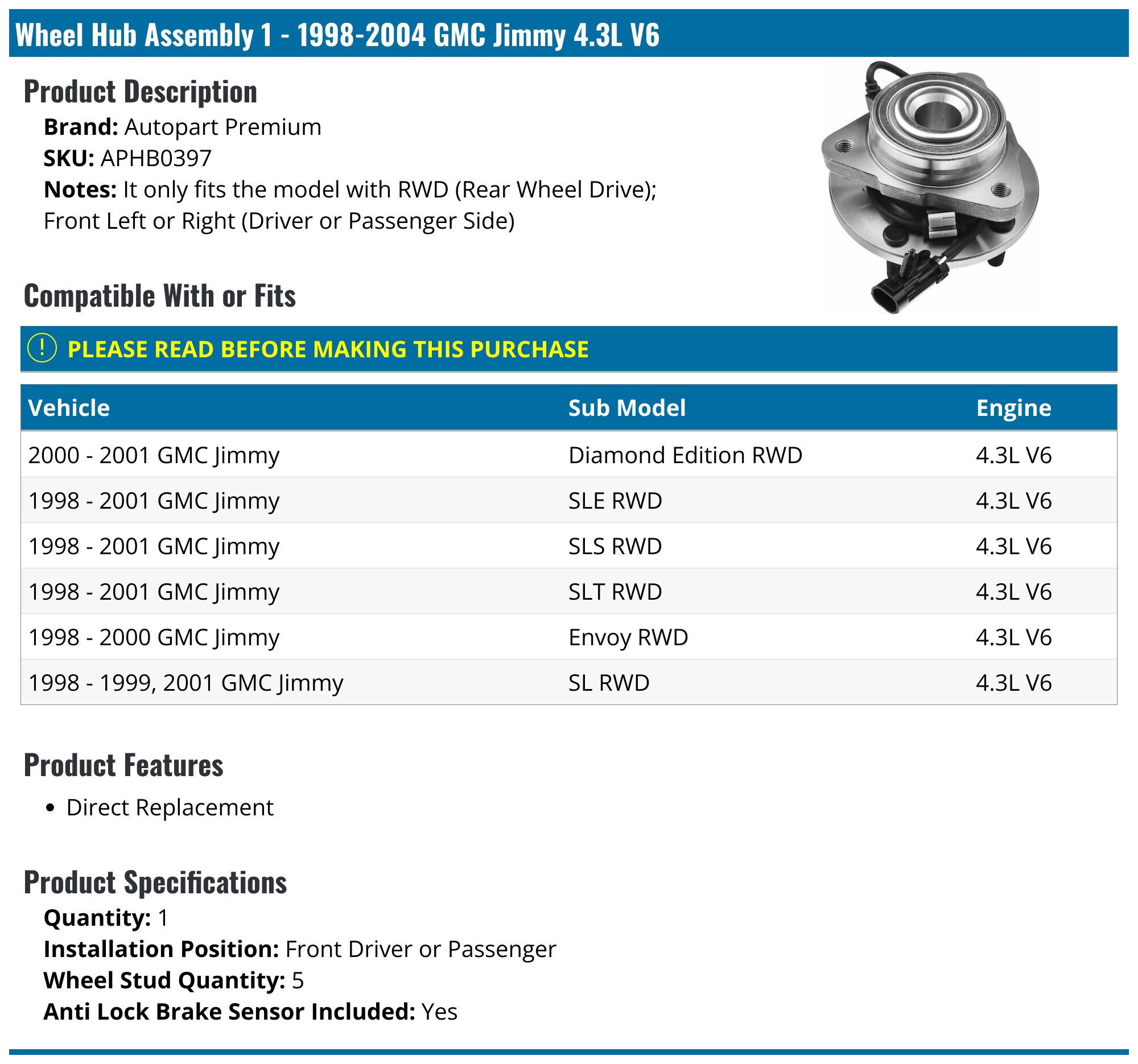 Front Wheel Bearing Hub Assembly - 1997-2001 GMC Jimmy 4.3L V6 VIN W (with ABS Brakes) - Replacement 4190-02103912