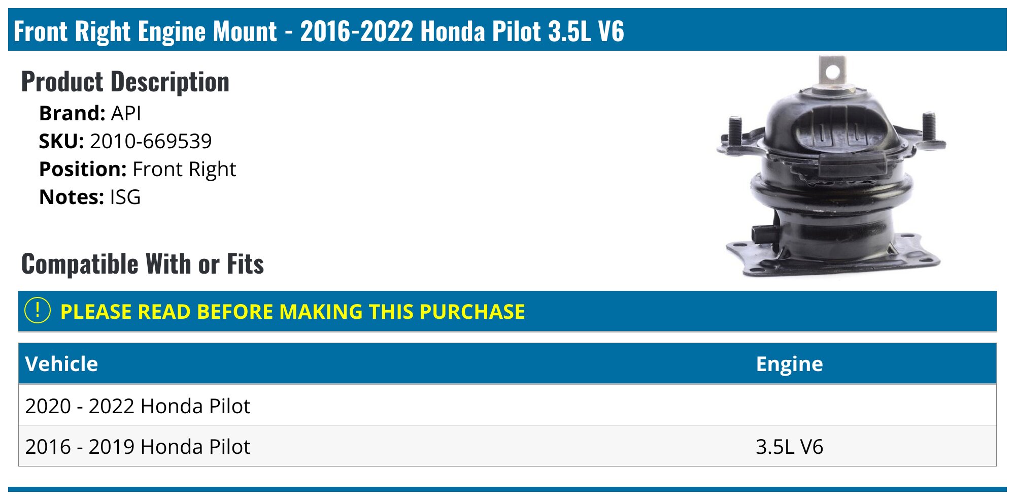 2016-2022 Honda Pilot Engine Mount - API 136808-02682247 - Front
