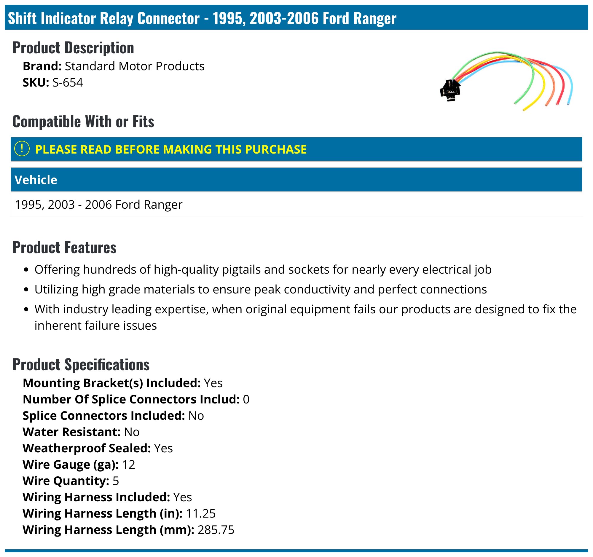 1995, 2003-2006 Ford Ranger Shift Indicator Relay Connector - Standard ...